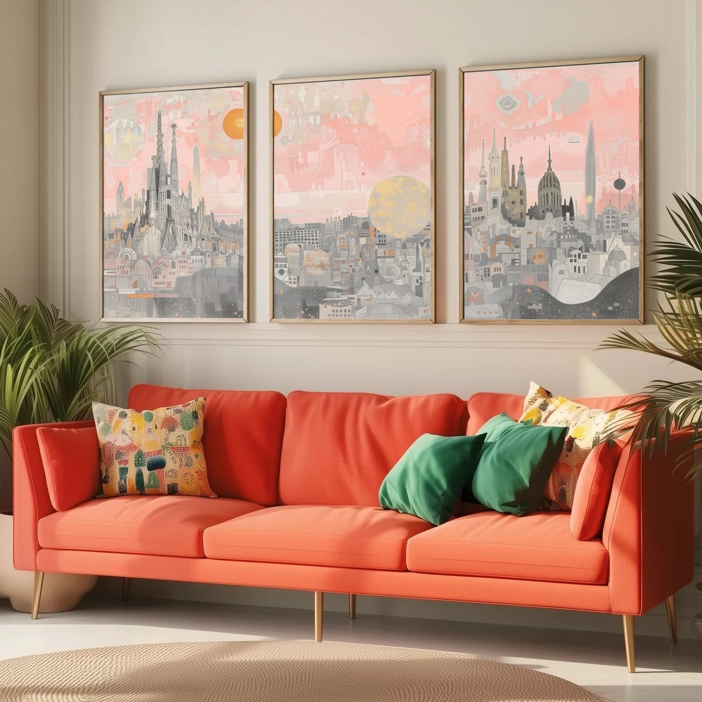 Barcelona Skyline Set of Three Art Prints - 3 Sagrada Familia Spain City Posters - Pink Grey Cityscape Illustration Wall Art
