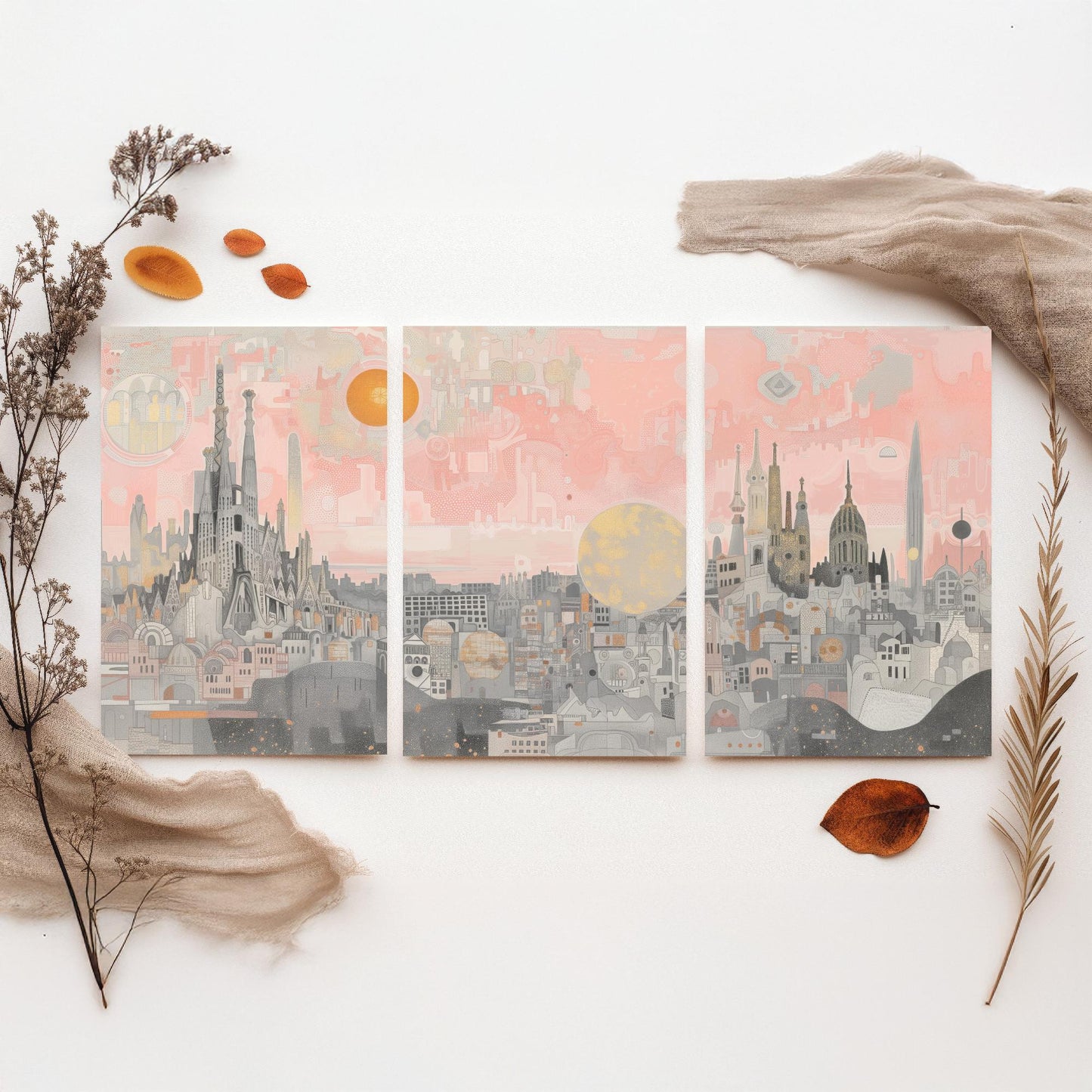 Barcelona Skyline Set of Three Art Prints - 3 Sagrada Familia Spain City Posters - Pink Grey Cityscape Illustration Wall Art