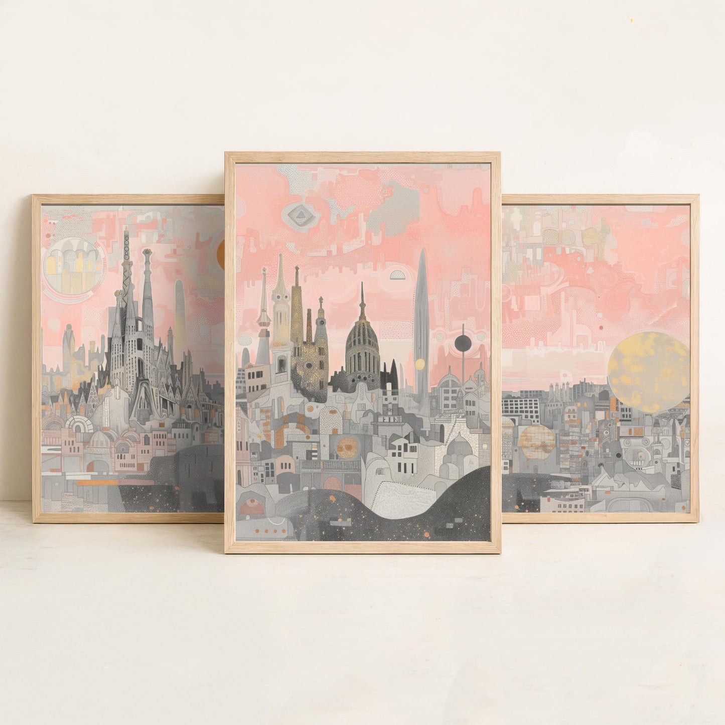 Barcelona Skyline Set of Three Art Prints - 3 Sagrada Familia Spain City Posters - Pink Grey Cityscape Illustration Wall Art
