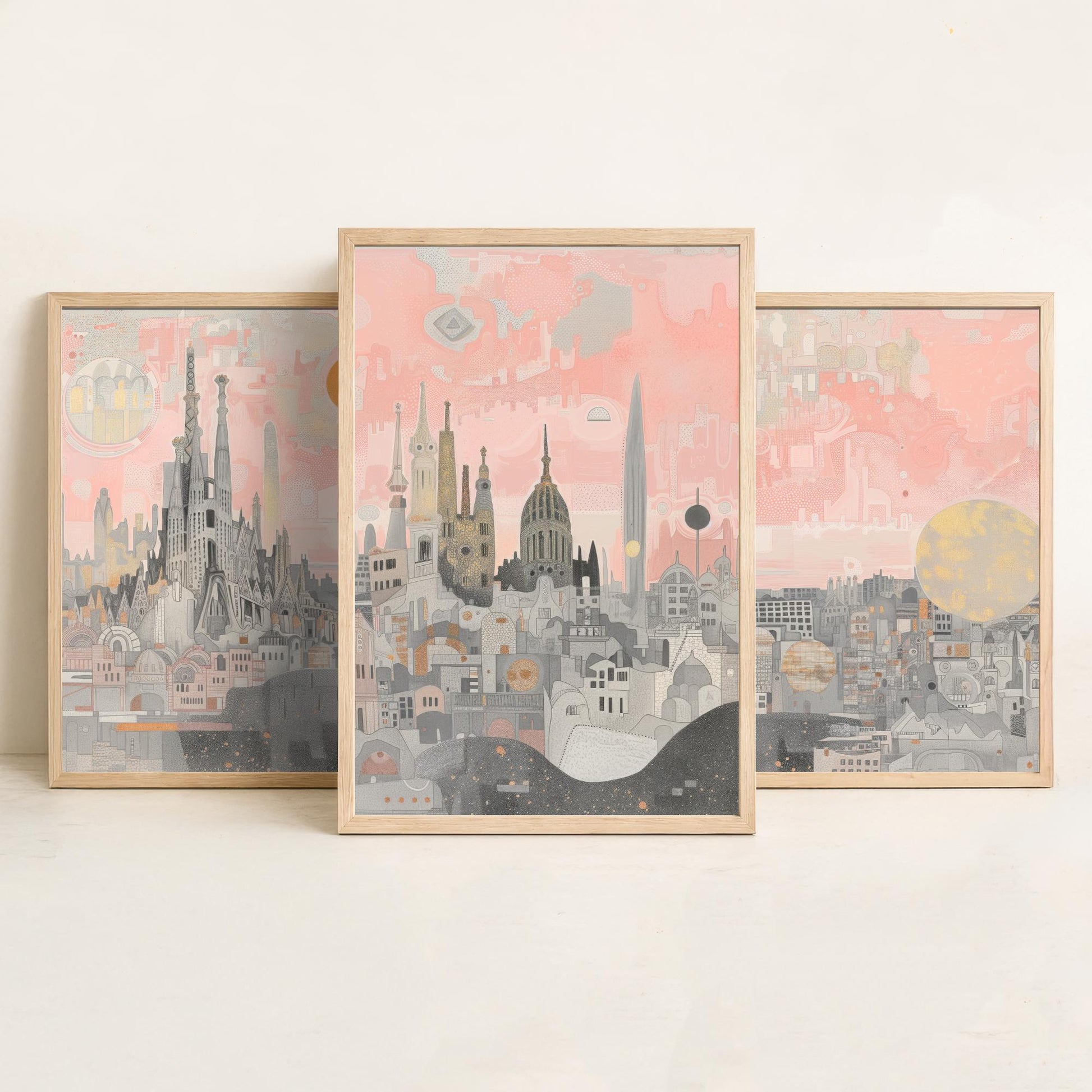 Barcelona Skyline Set of Three Art Prints - 3 Sagrada Familia Spain City Posters - Pink Grey Cityscape Illustration Wall Art