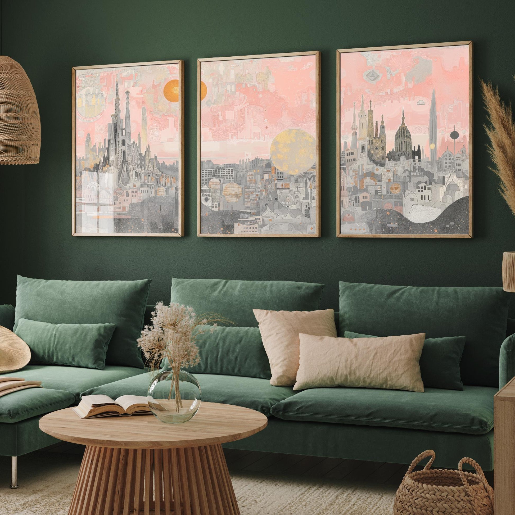 Barcelona Skyline Set of Three Art Prints - 3 Sagrada Familia Spain City Posters - Pink Grey Cityscape Illustration Wall Art