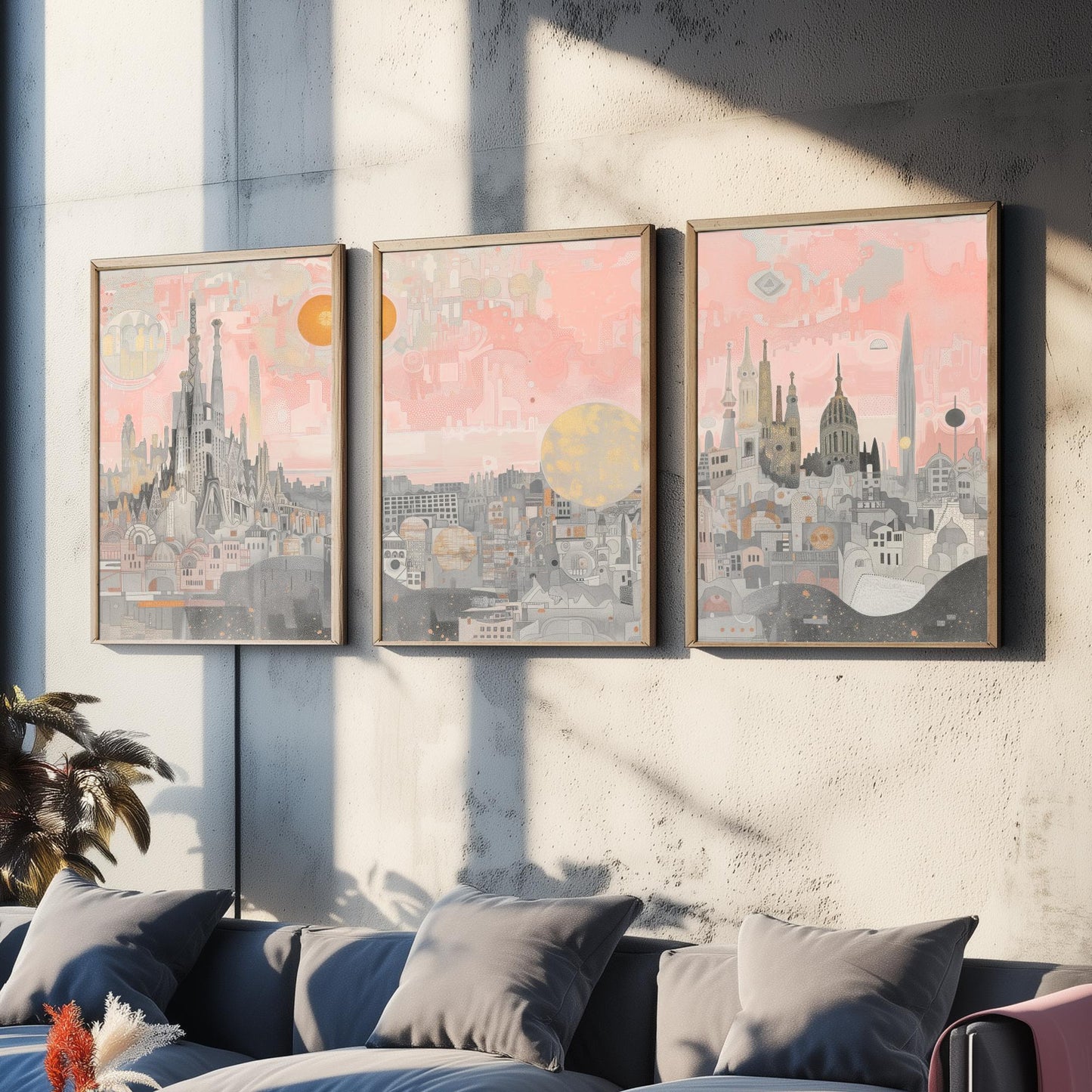 Barcelona Skyline Set of Three Art Prints - 3 Sagrada Familia Spain City Posters - Pink Grey Cityscape Illustration Wall Art