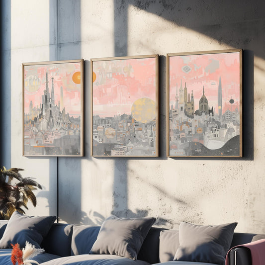 Barcelona Skyline Set of Three Art Prints - 3 Sagrada Familia Spain City Posters - Pink Grey Cityscape Illustration Wall Art