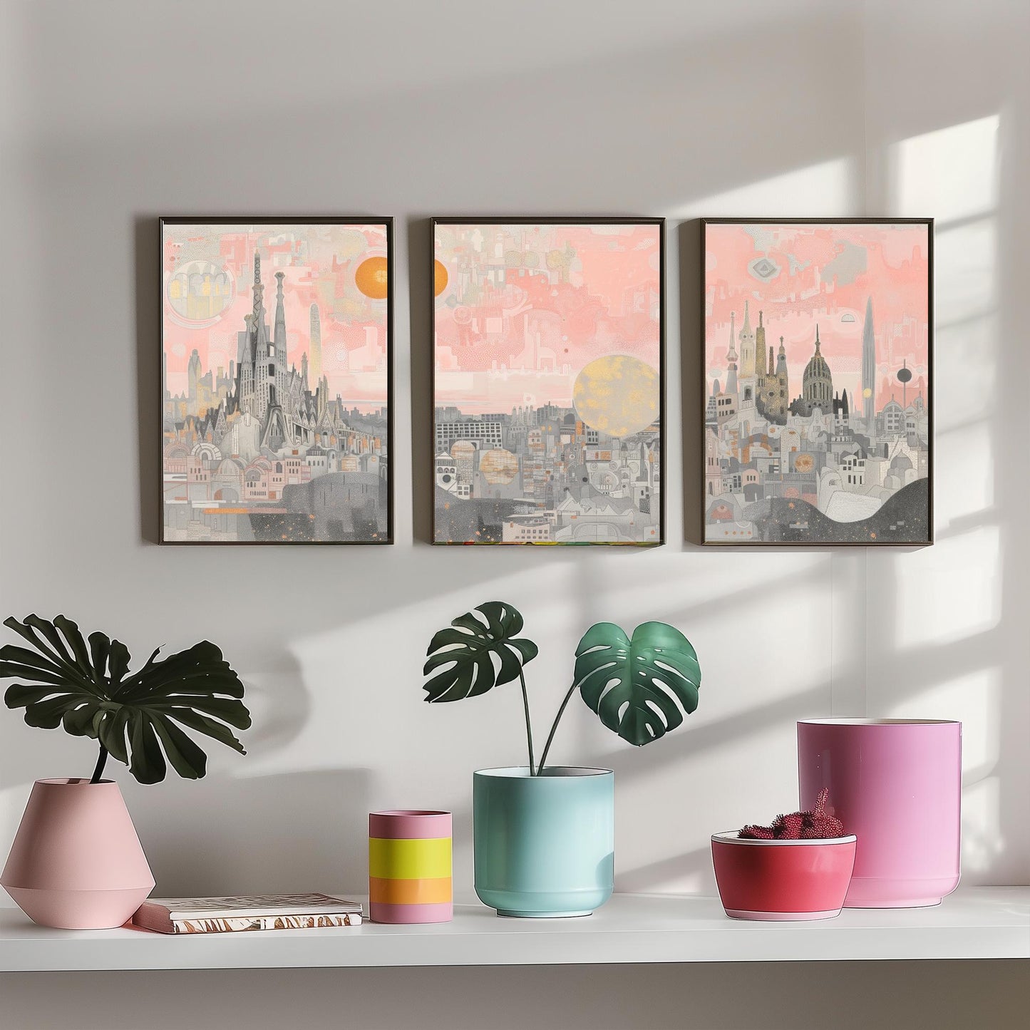 Barcelona Skyline Set of Three Art Prints - 3 Sagrada Familia Spain City Posters - Pink Grey Cityscape Illustration Wall Art