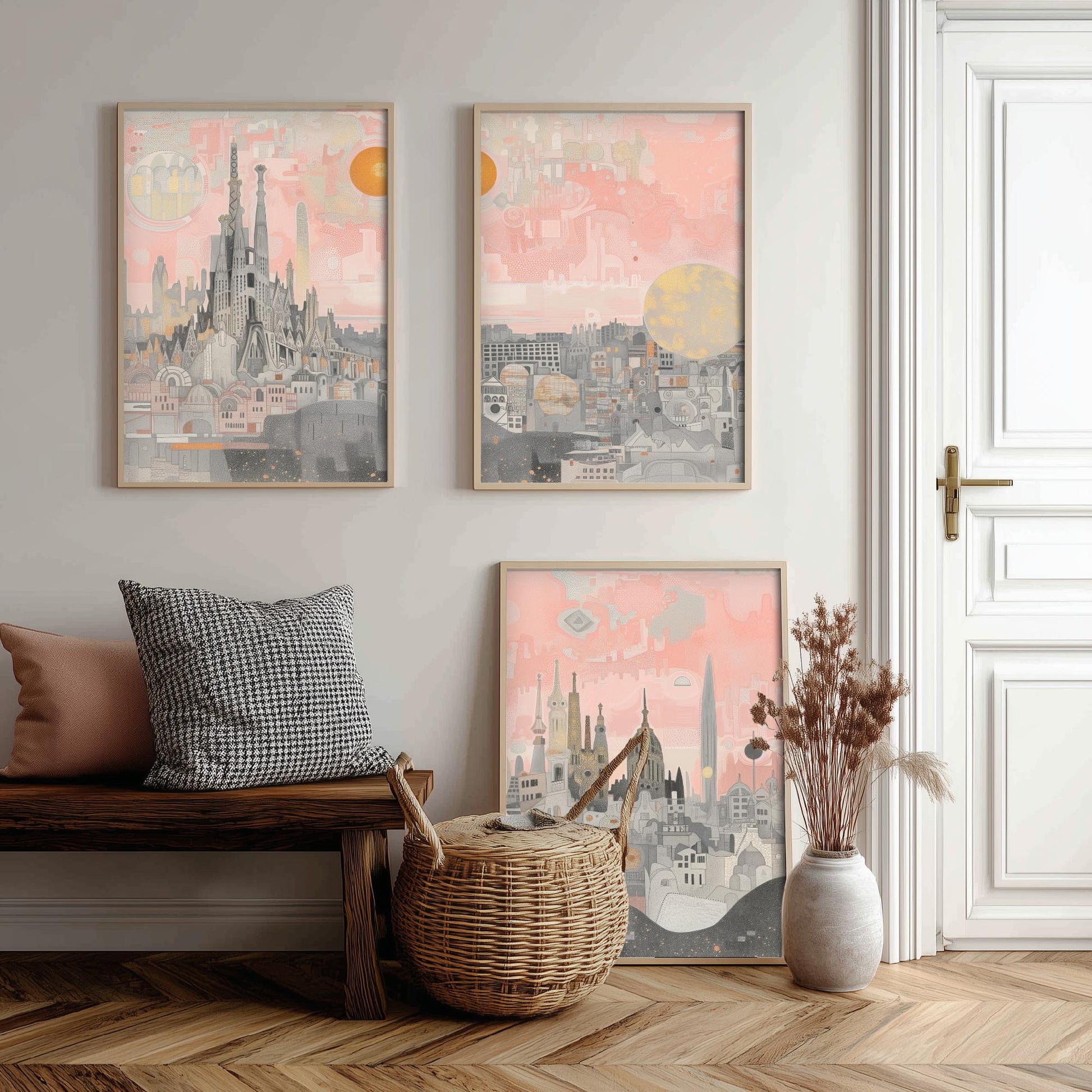 Barcelona Skyline Set of Three Art Prints - 3 Sagrada Familia Spain City Posters - Pink Grey Cityscape Illustration Wall Art