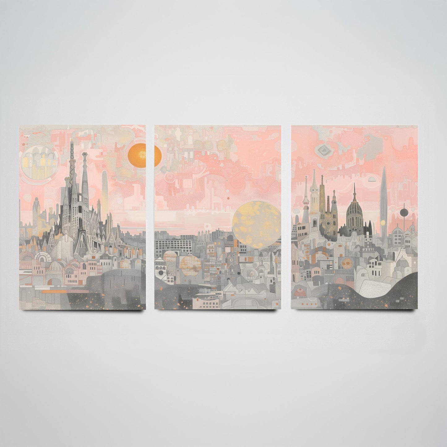 Barcelona Skyline Set of Three Art Prints - 3 Sagrada Familia Spain City Posters - Pink Grey Cityscape Illustration Wall Art