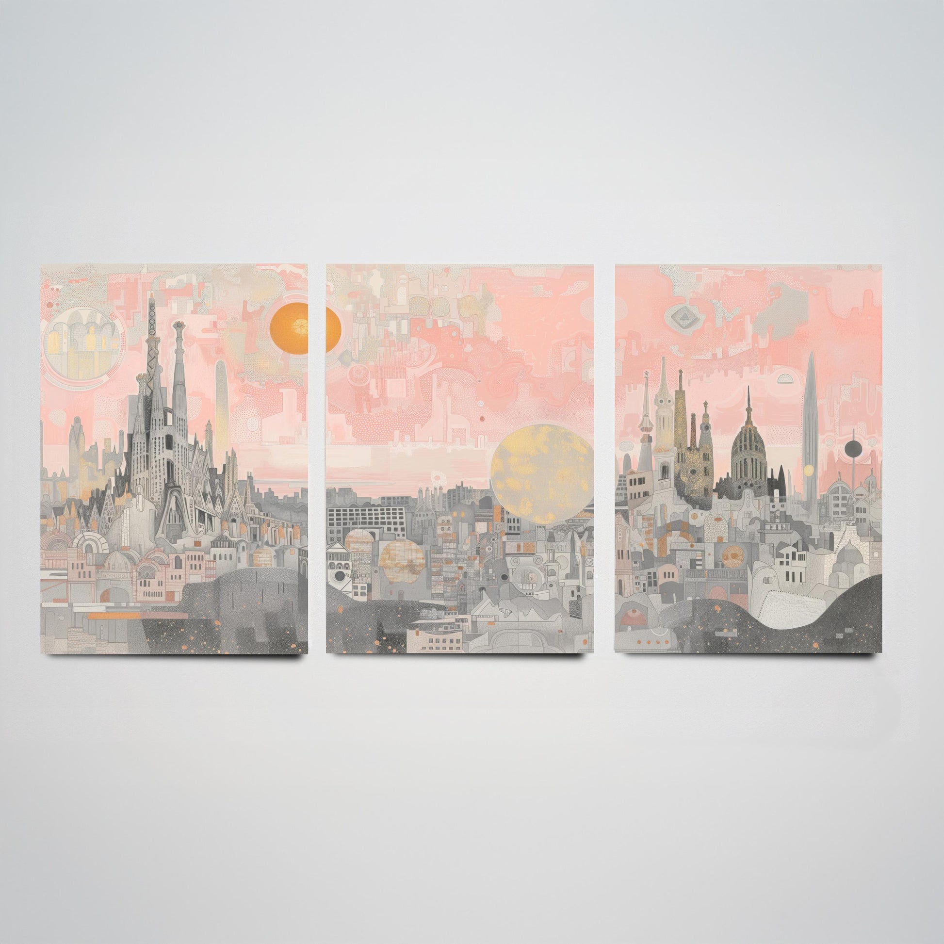Barcelona Skyline Set of Three Art Prints - 3 Sagrada Familia Spain City Posters - Pink Grey Cityscape Illustration Wall Art