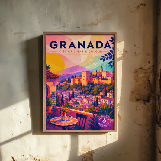 Granada Spain Travel Poster - Vibrant Art Print - Alhambra Palace Illustration - City of Light & Colour 1/3