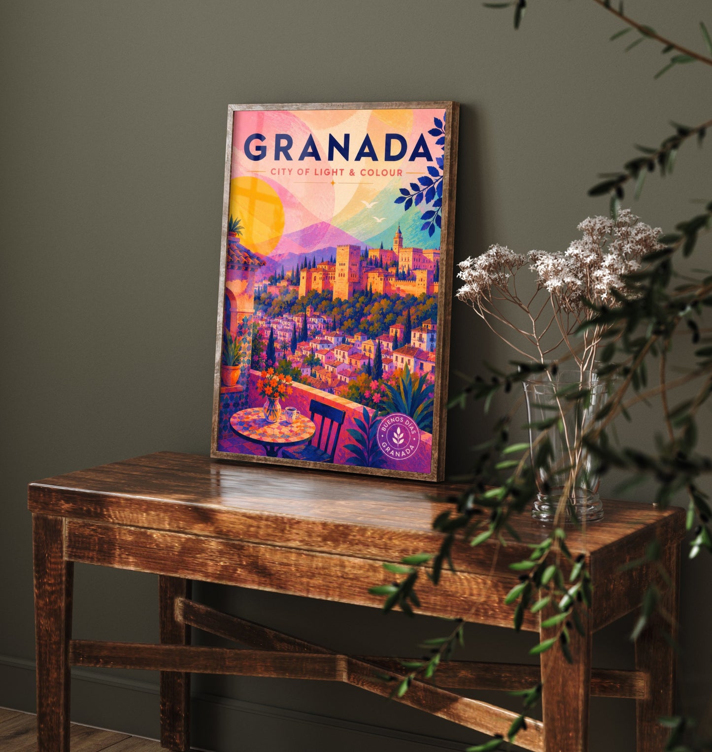 Granada Spain Travel Poster - Vibrant Art Print - Alhambra Palace Illustration - City of Light & Colour 1/3