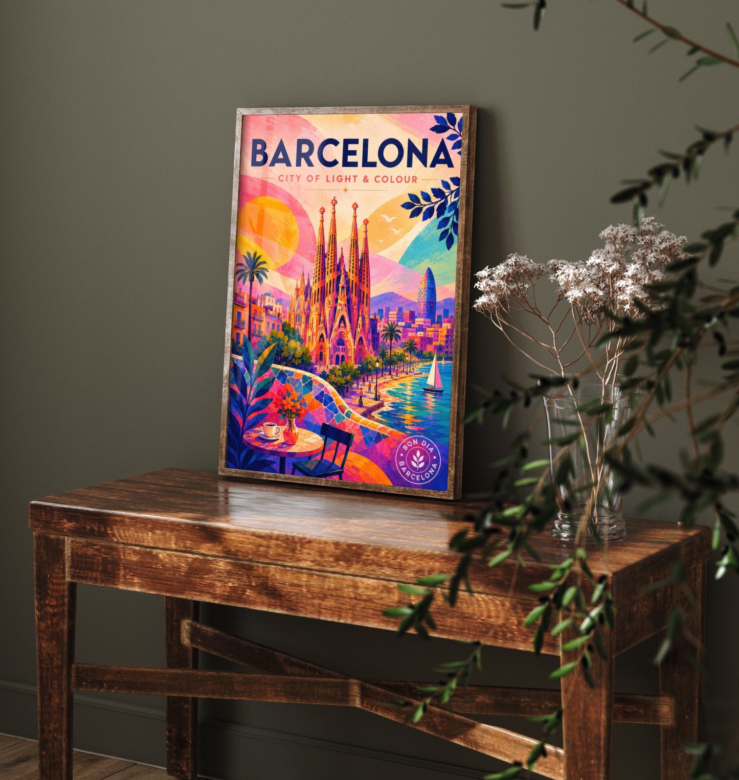 Barcelona Spain Travel Poster - Vibrant Art Print - Sagrada Familia Illustration - City of Light & Colour 2/3