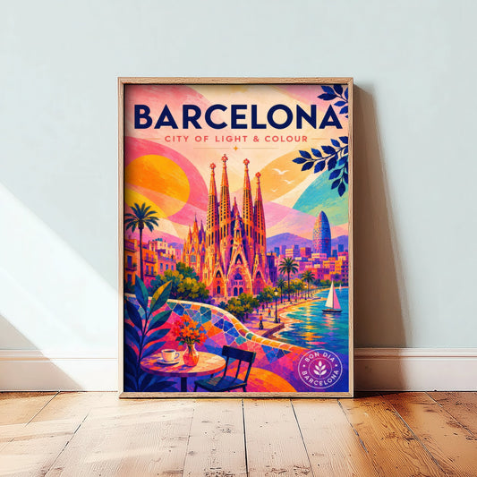 Barcelona Spain Travel Poster - Vibrant Art Print - Sagrada Familia Illustration - City of Light & Colour 2/3
