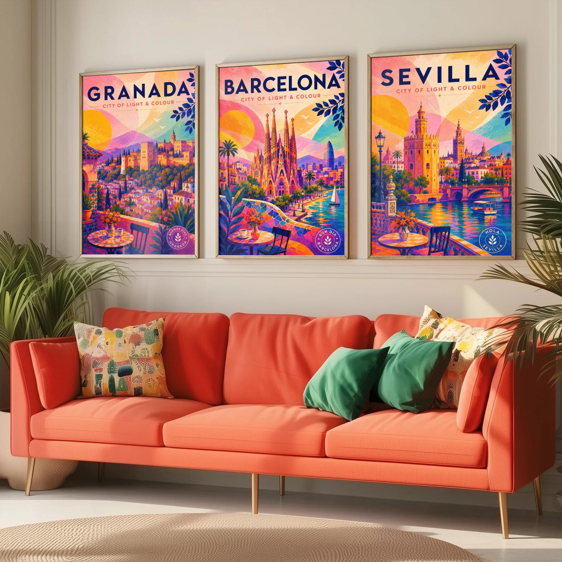 Spain Set of Three Travel Posters - Granada, Barcelona, Sevilla - Vibrant Spanish Art Print Illustration Gift Cityscape Decor