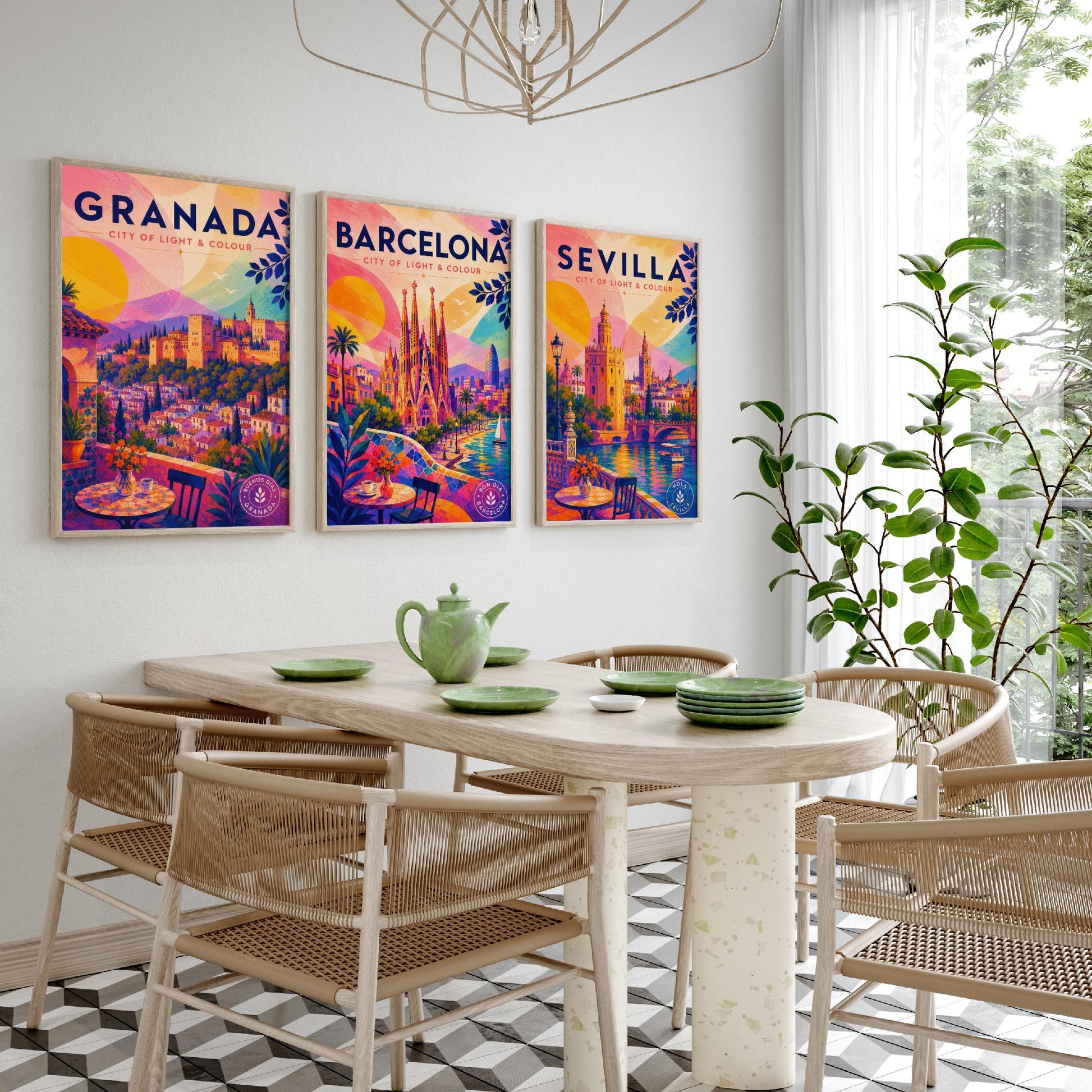 Spain Set of Three Travel Posters - Granada, Barcelona, Sevilla - Vibrant Spanish Art Print Illustration Gift Cityscape Decor