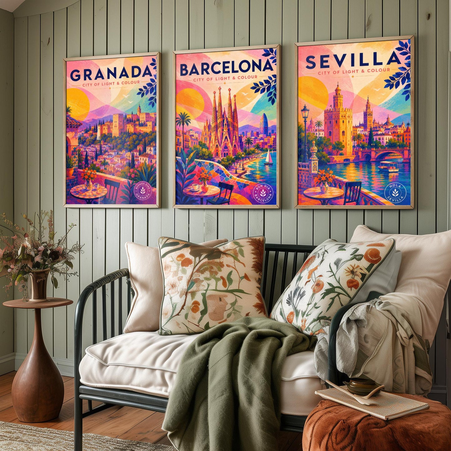 Spain Set of Three Travel Posters - Granada, Barcelona, Sevilla - Vibrant Spanish Art Print Illustration Gift Cityscape Decor