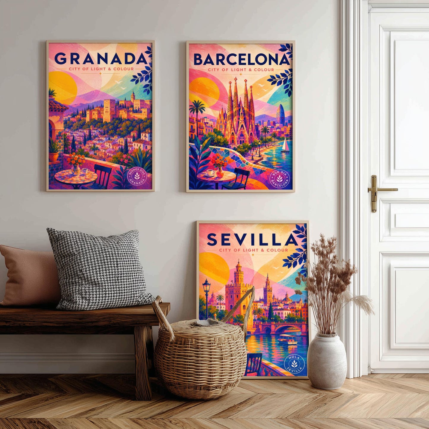 Spain Set of Three Travel Posters - Granada, Barcelona, Sevilla - Vibrant Spanish Art Print Illustration Gift Cityscape Decor