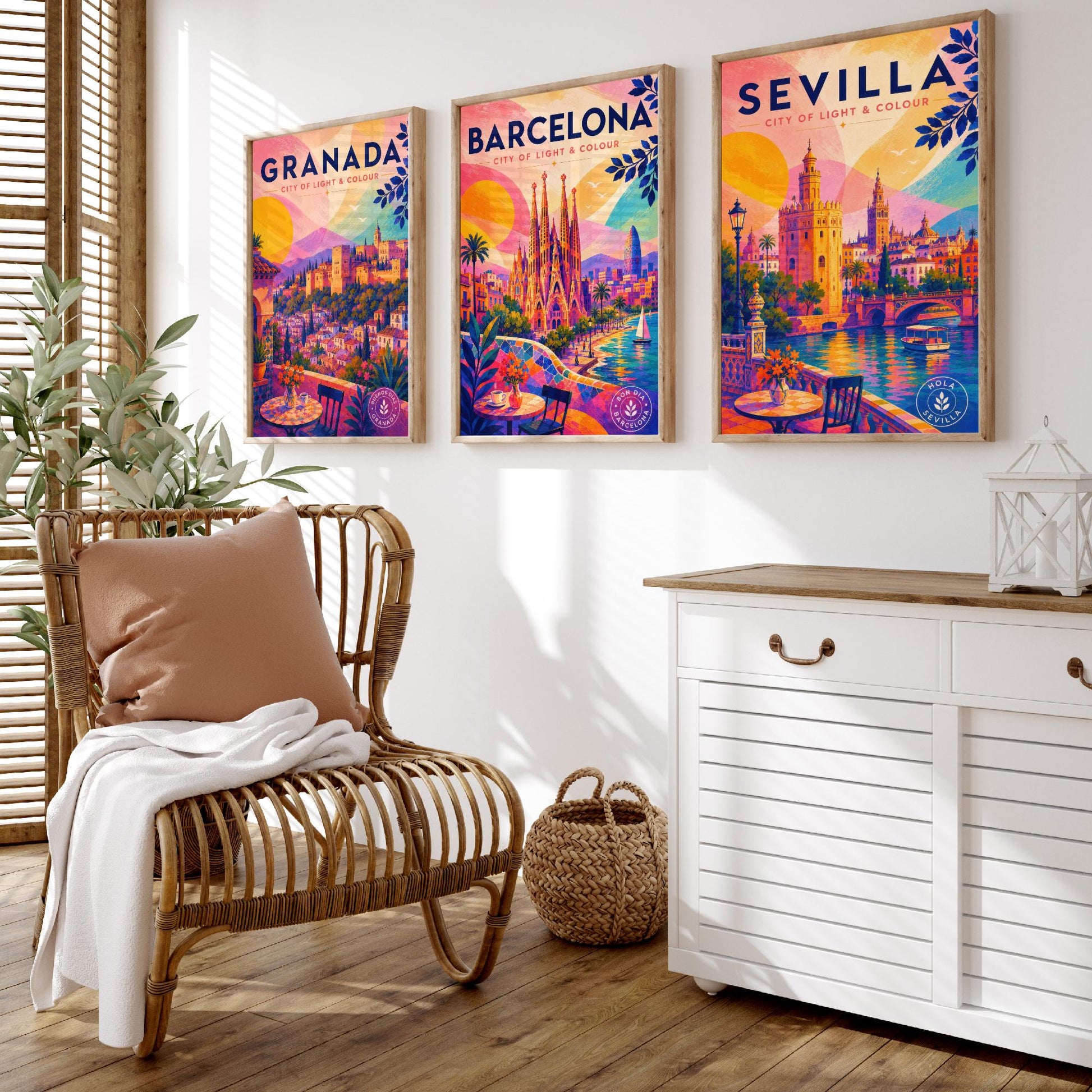 Spain Set of Three Travel Posters - Granada, Barcelona, Sevilla - Vibrant Spanish Art Print Illustration Gift Cityscape Decor