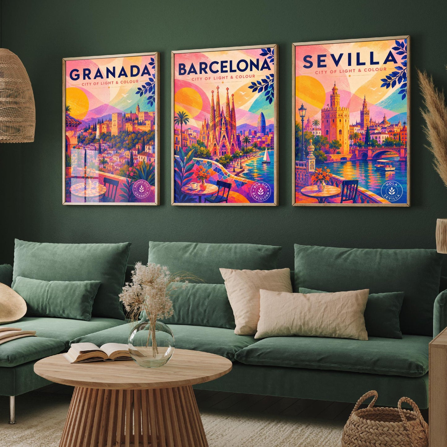 Spain Set of Three Travel Posters - Granada, Barcelona, Sevilla - Vibrant Spanish Art Print Illustration Gift Cityscape Decor
