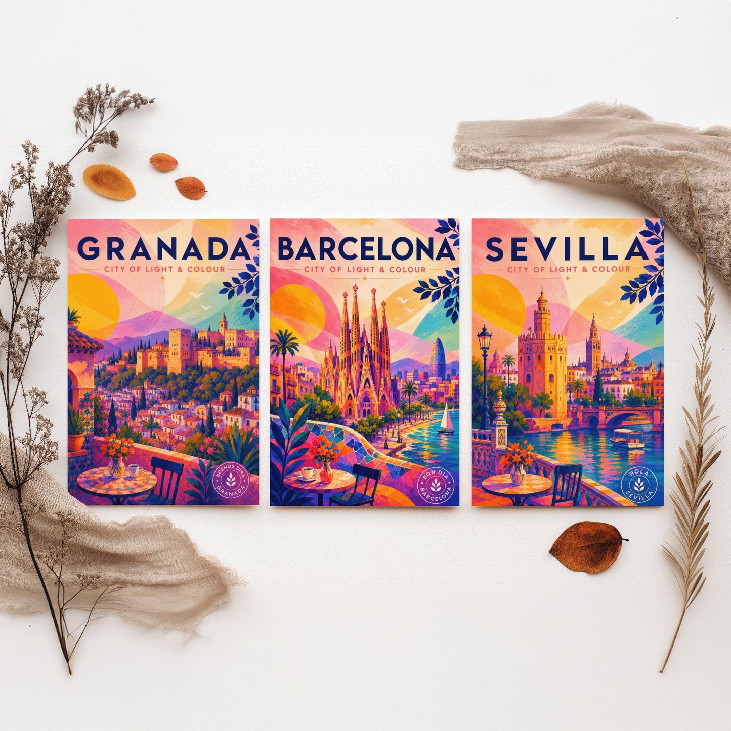 Spain Set of Three Travel Posters - Granada, Barcelona, Sevilla - Vibrant Spanish Art Print Illustration Gift Cityscape Decor