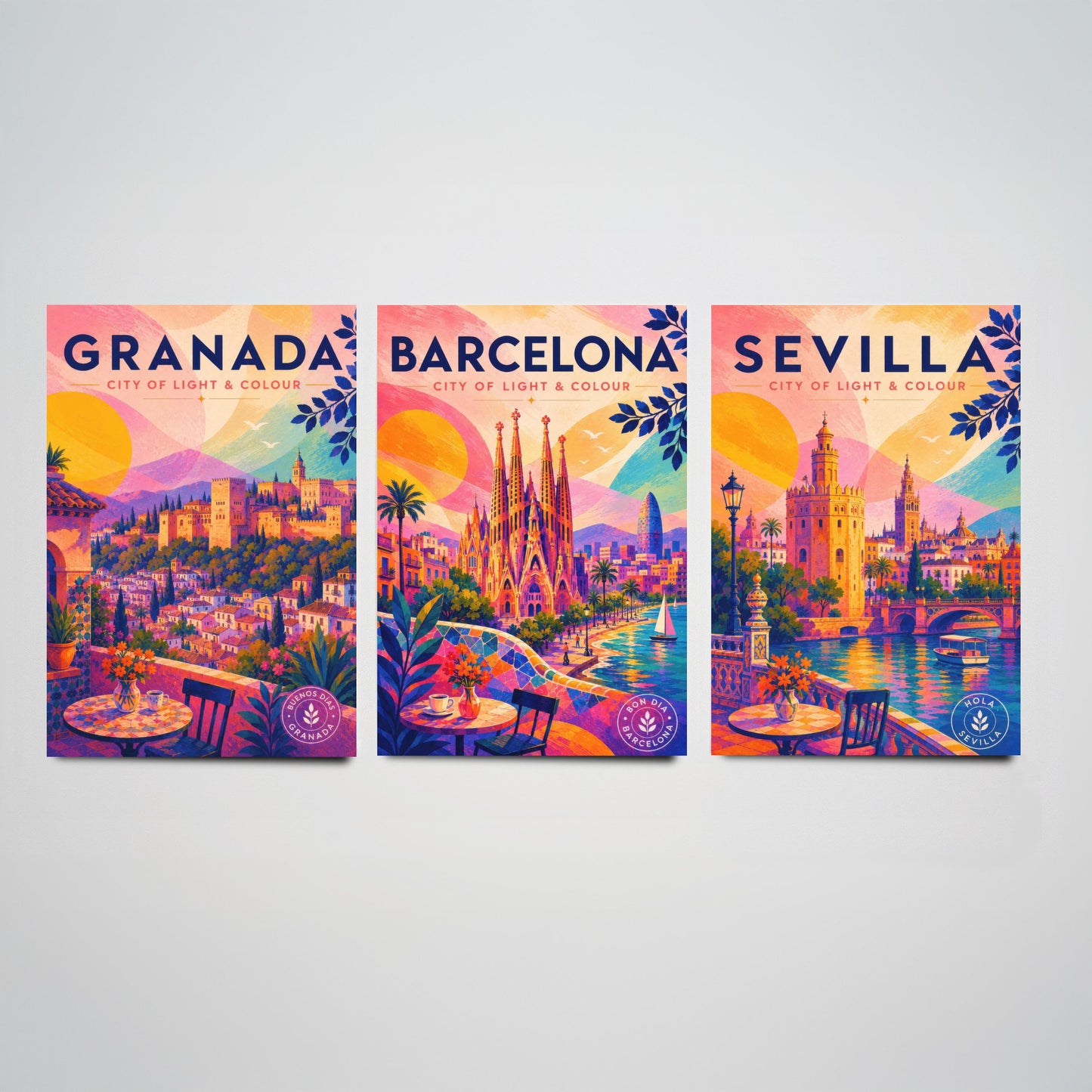Spain Set of Three Travel Posters - Granada, Barcelona, Sevilla - Vibrant Spanish Art Print Illustration Gift Cityscape Decor