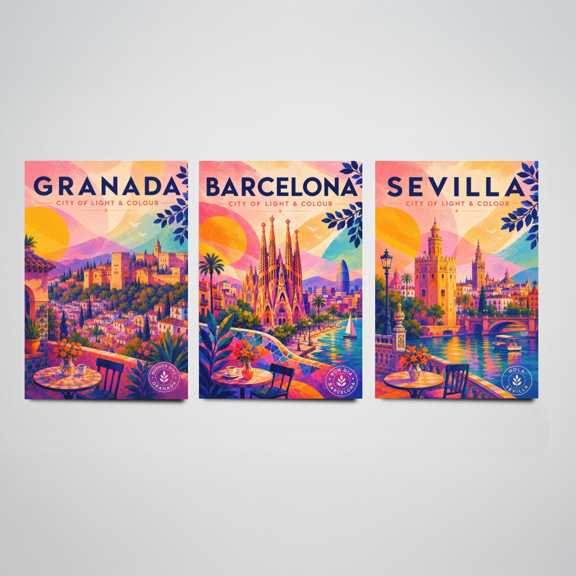 Spain Set of Three Travel Posters - Granada, Barcelona, Sevilla - Vibrant Spanish Art Print Illustration Gift Cityscape Decor