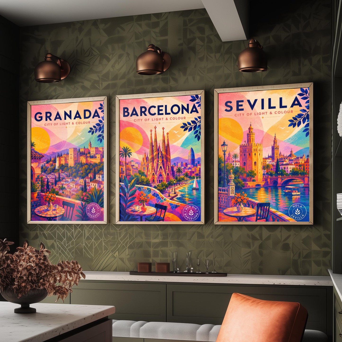 Spain Set of Three Travel Posters - Granada, Barcelona, Sevilla - Vibrant Spanish Art Print Illustration Gift Cityscape Decor