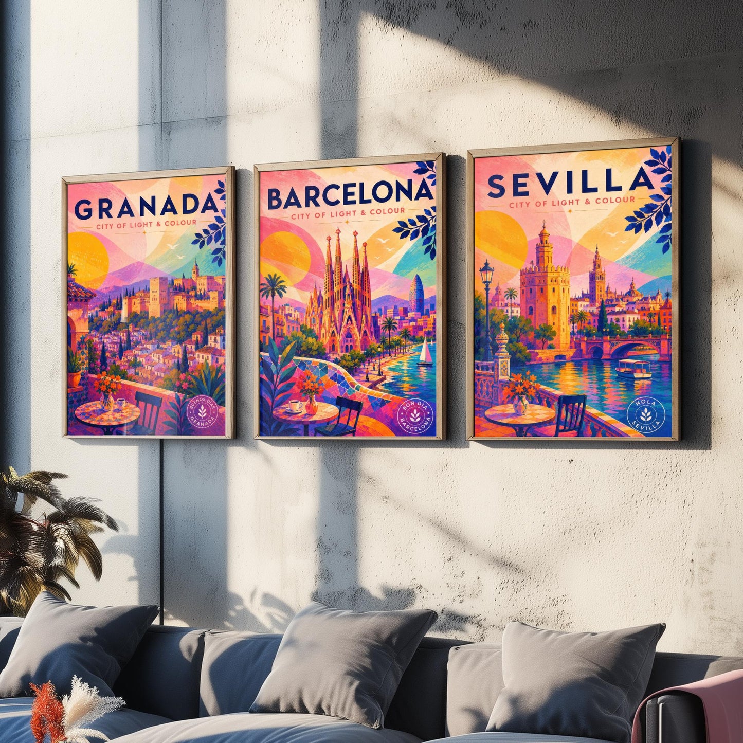 Spain Set of Three Travel Posters - Granada, Barcelona, Sevilla - Vibrant Spanish Art Print Illustration Gift Cityscape Decor