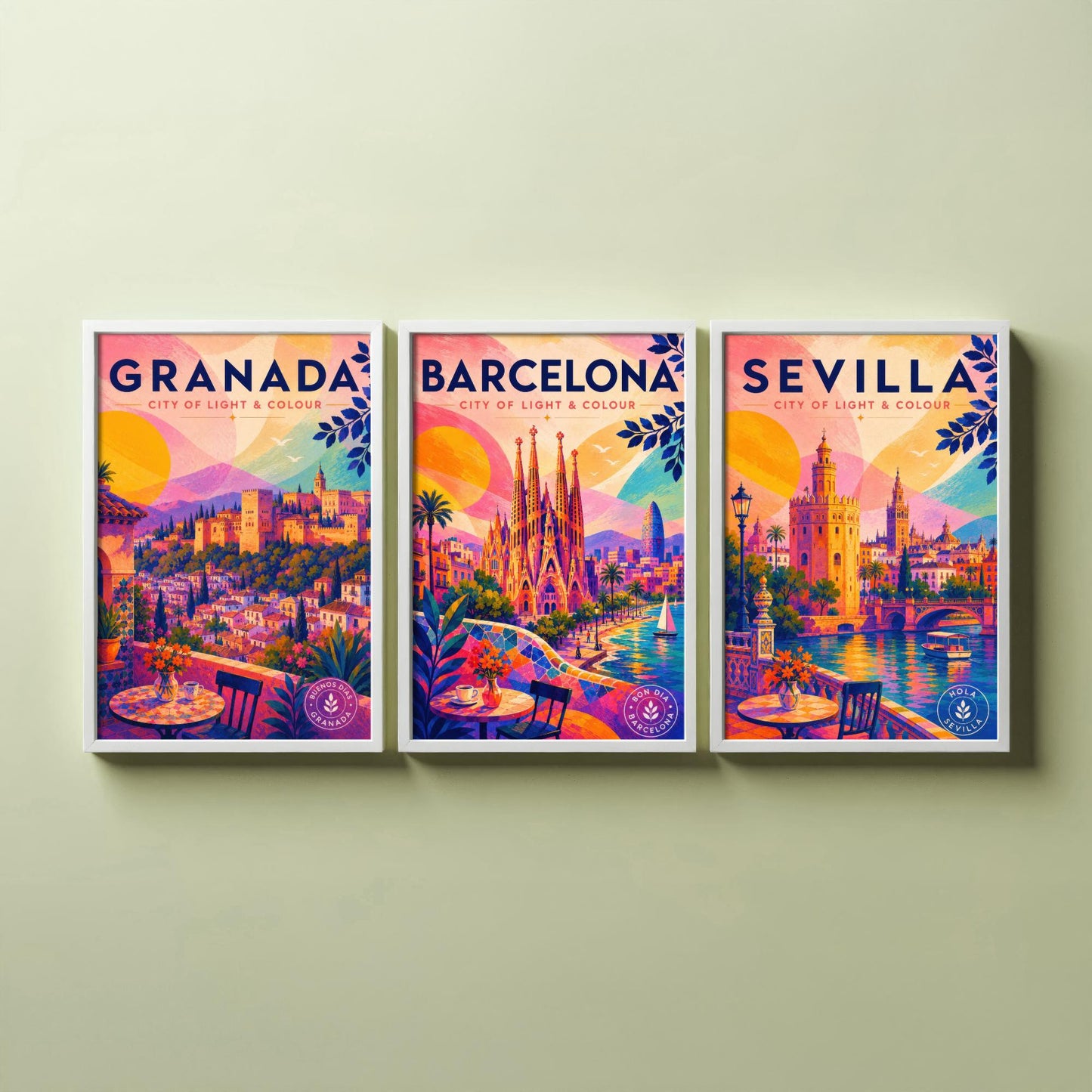 Spain Set of Three Travel Posters - Granada, Barcelona, Sevilla - Vibrant Spanish Art Print Illustration Gift Cityscape Decor