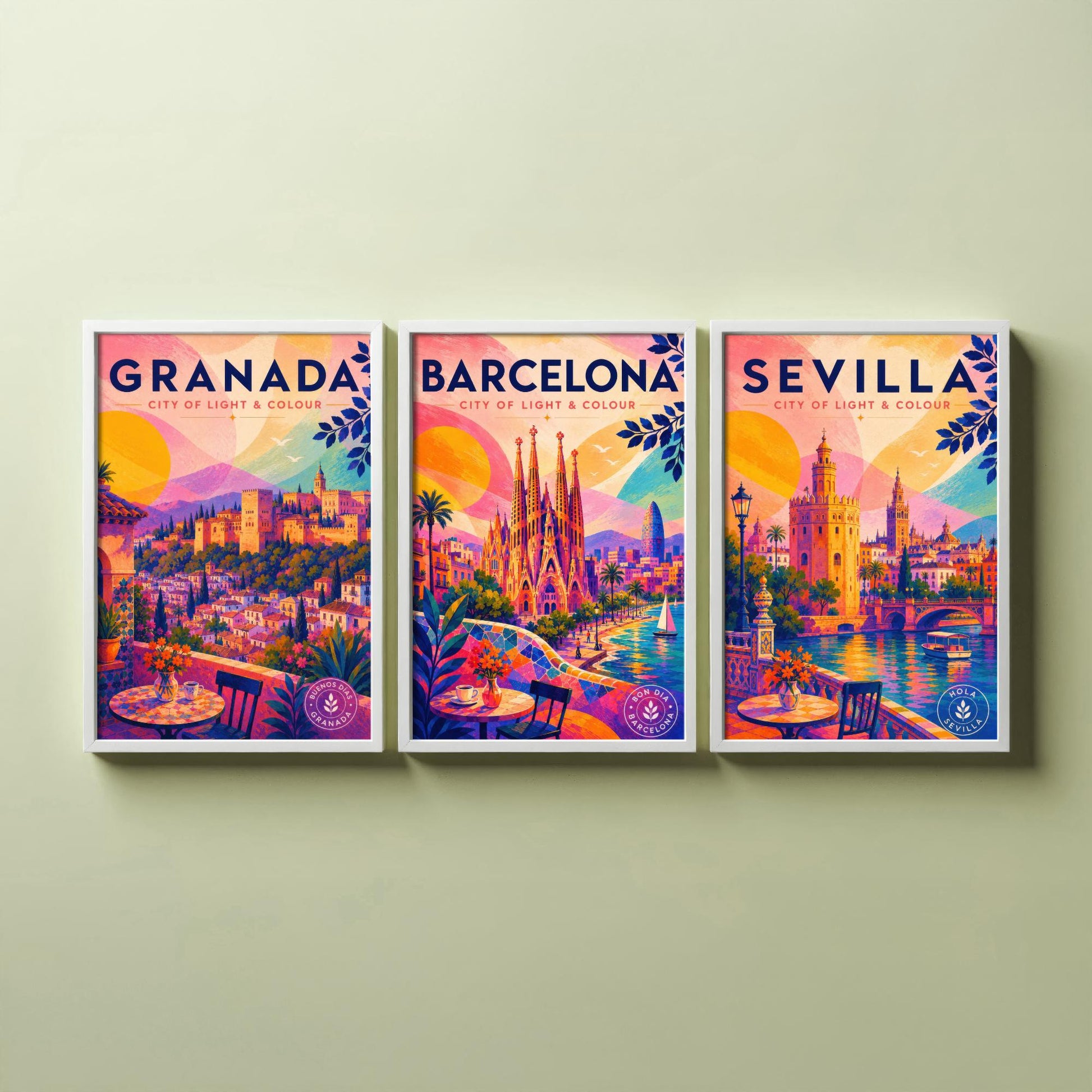 Spain Set of Three Travel Posters - Granada, Barcelona, Sevilla - Vibrant Spanish Art Print Illustration Gift Cityscape Decor