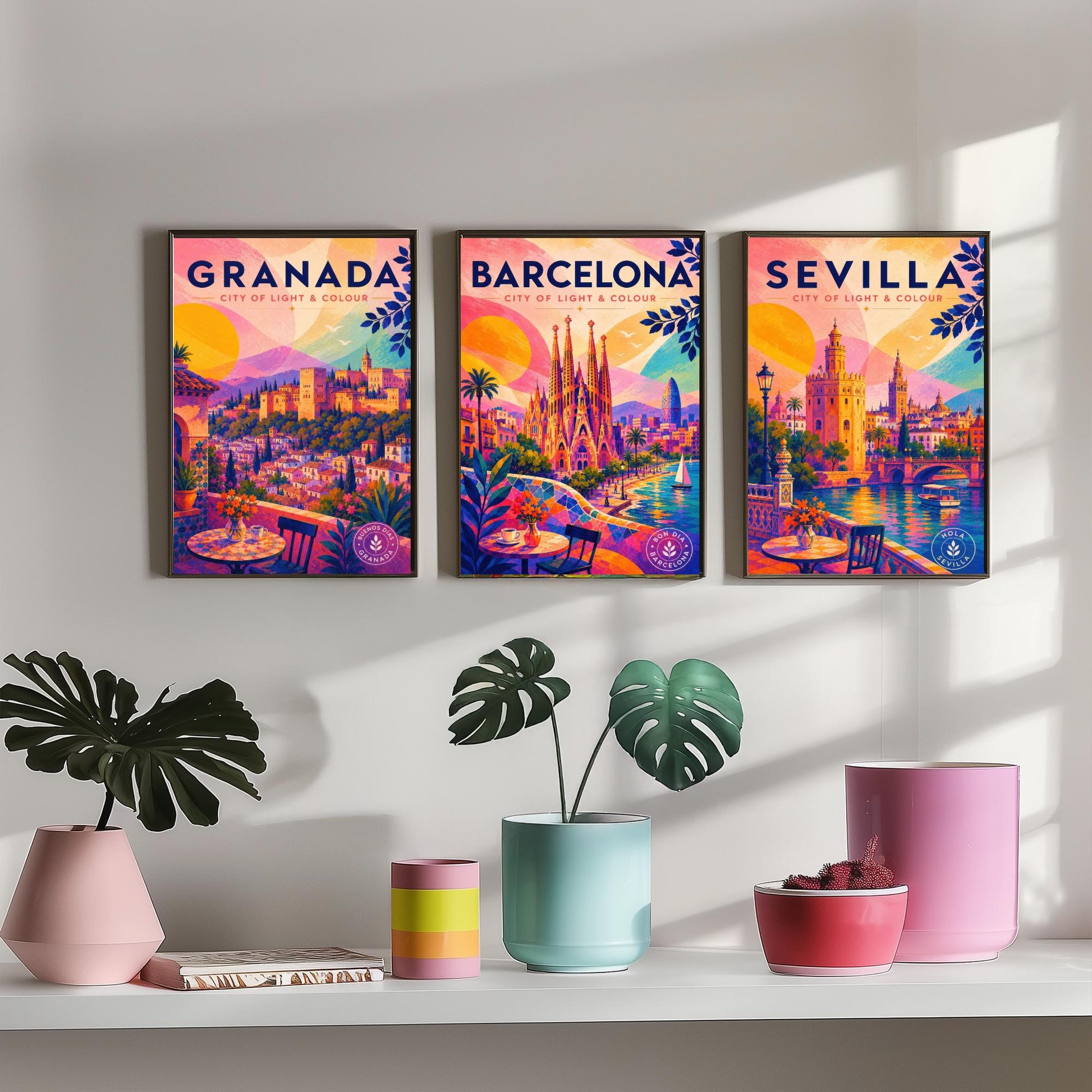 Spain Set of Three Travel Posters - Granada, Barcelona, Sevilla - Vibrant Spanish Art Print Illustration Gift Cityscape Decor