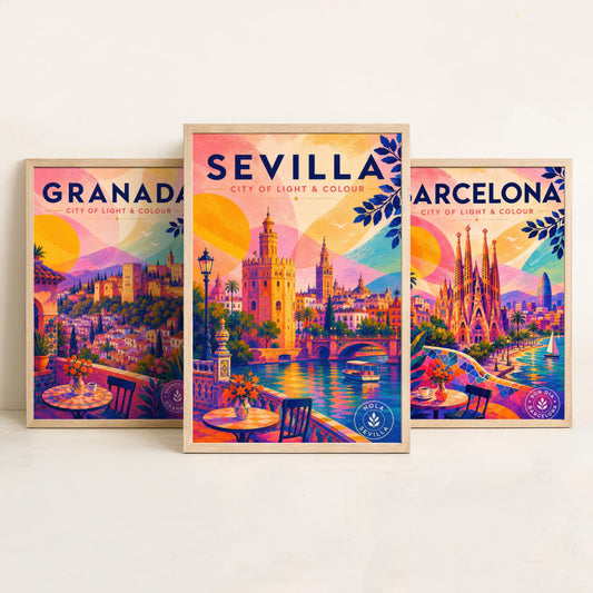 Spain Set of Three Travel Posters - Granada, Barcelona, Sevilla - Vibrant Spanish Art Print Illustration Gift Cityscape Decor