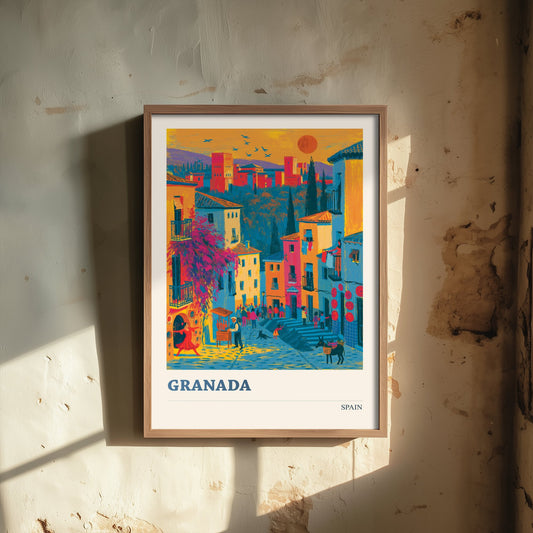 Granada Spain Travel Poster - Art Print - Colourful City Illustration - Alhambra Sunset Wall Art 1/3