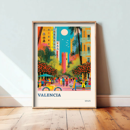 Valencia Spain Travel Poster - Vibrant Art Print - Old Town Illustration - Orange Trees City of Colour 2/3