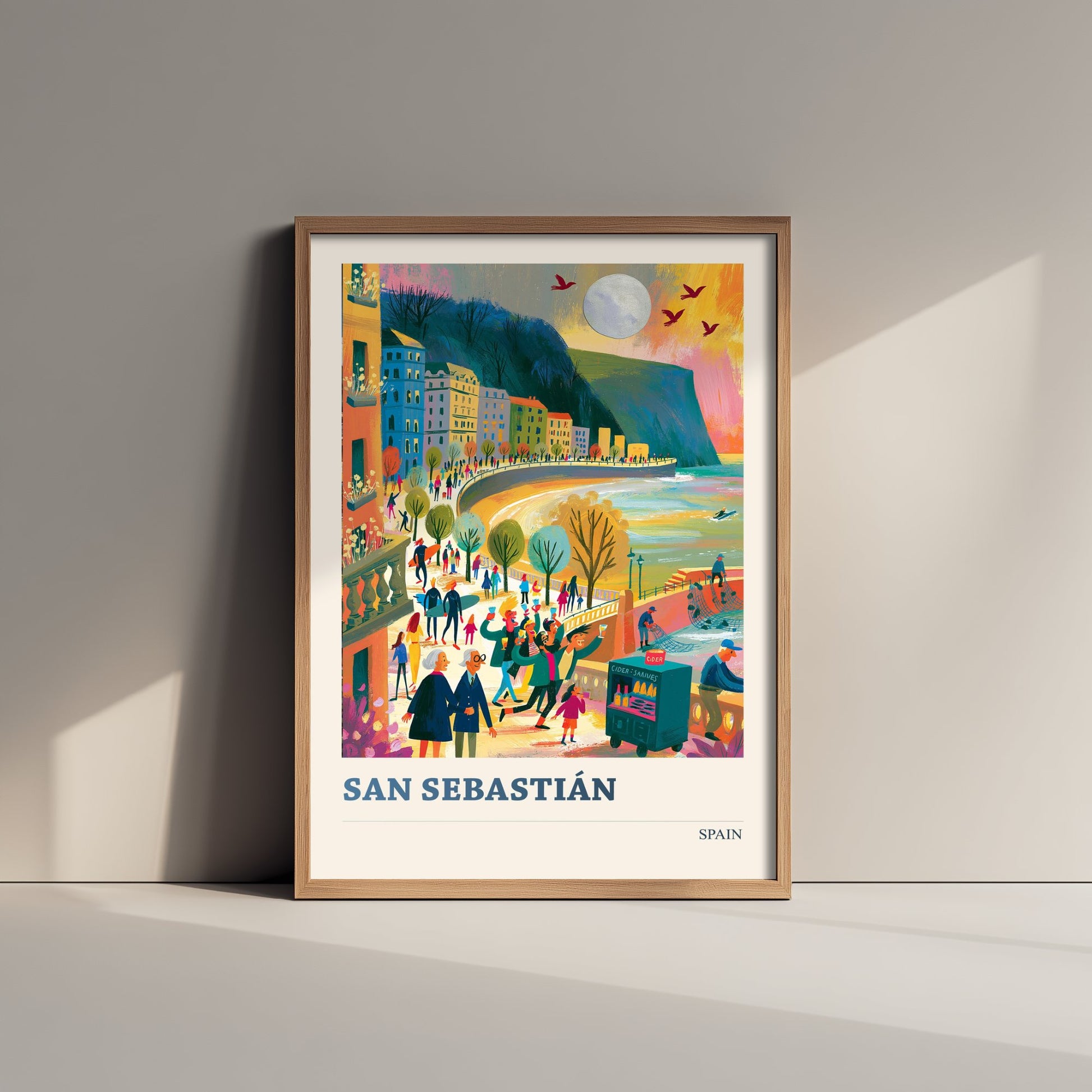 San Sebastian Spain Travel Poster - Art Print - La Concha Bay Illustration - Coastal Sunset Wall Art 3/3
