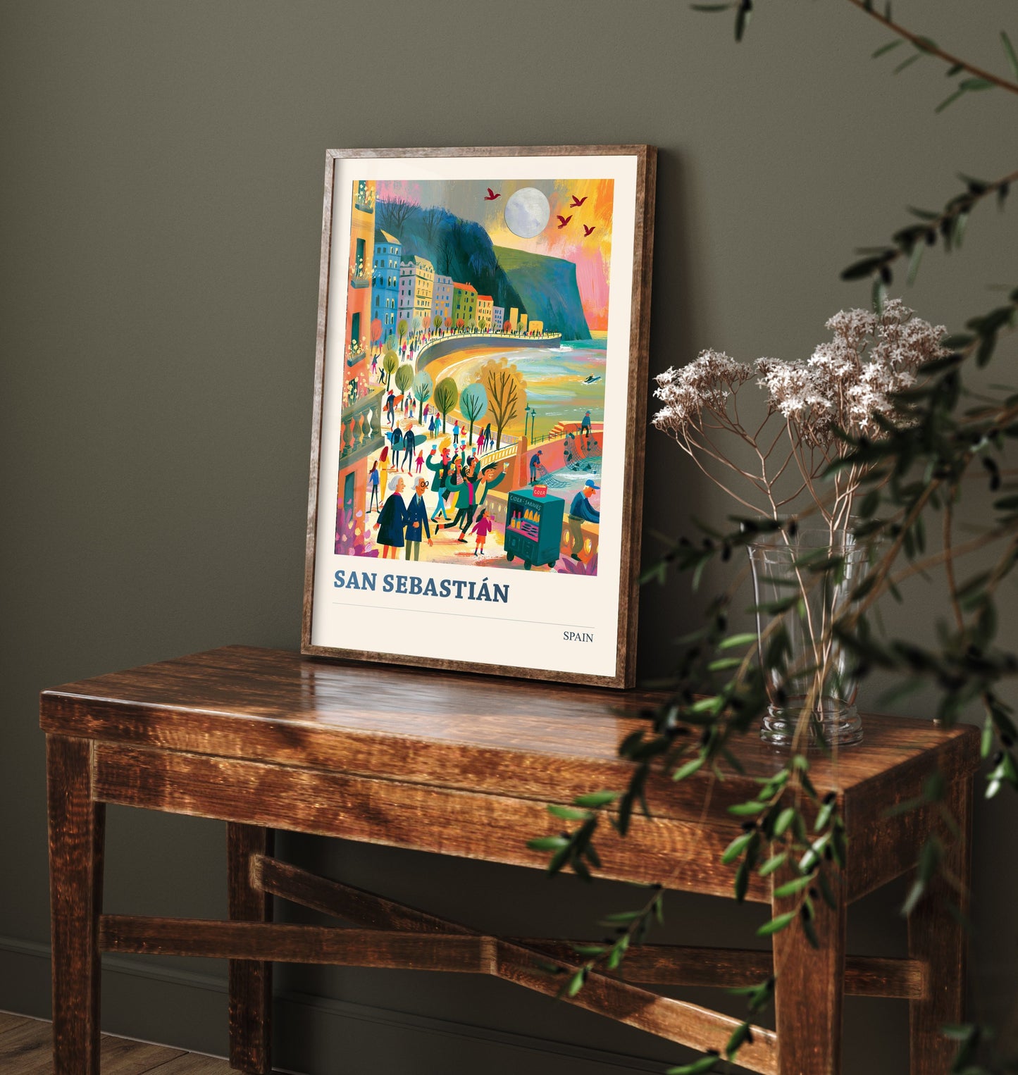 San Sebastian Spain Travel Poster - Art Print - La Concha Bay Illustration - Coastal Sunset Wall Art 3/3