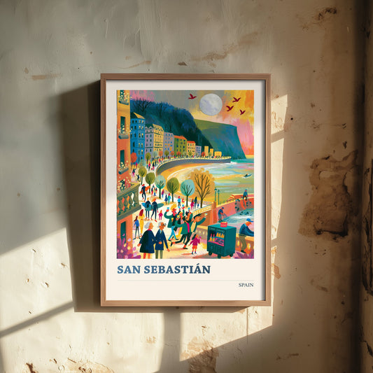 San Sebastian Spain Travel Poster - Art Print - La Concha Bay Illustration - Coastal Sunset Wall Art 3/3