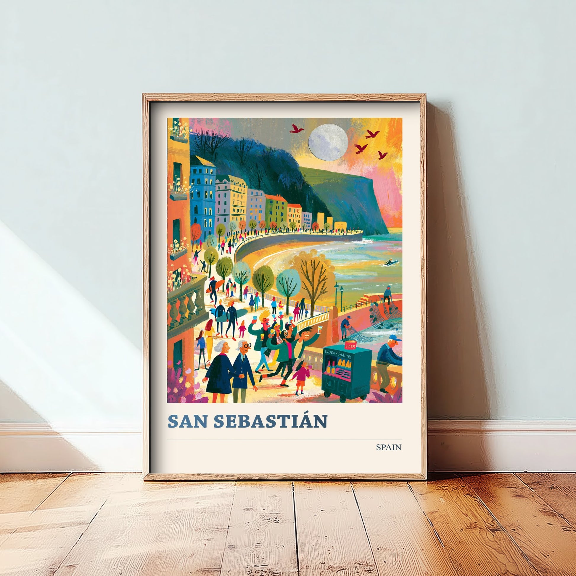 San Sebastian Spain Travel Poster - Art Print - La Concha Bay Illustration - Coastal Sunset Wall Art 3/3
