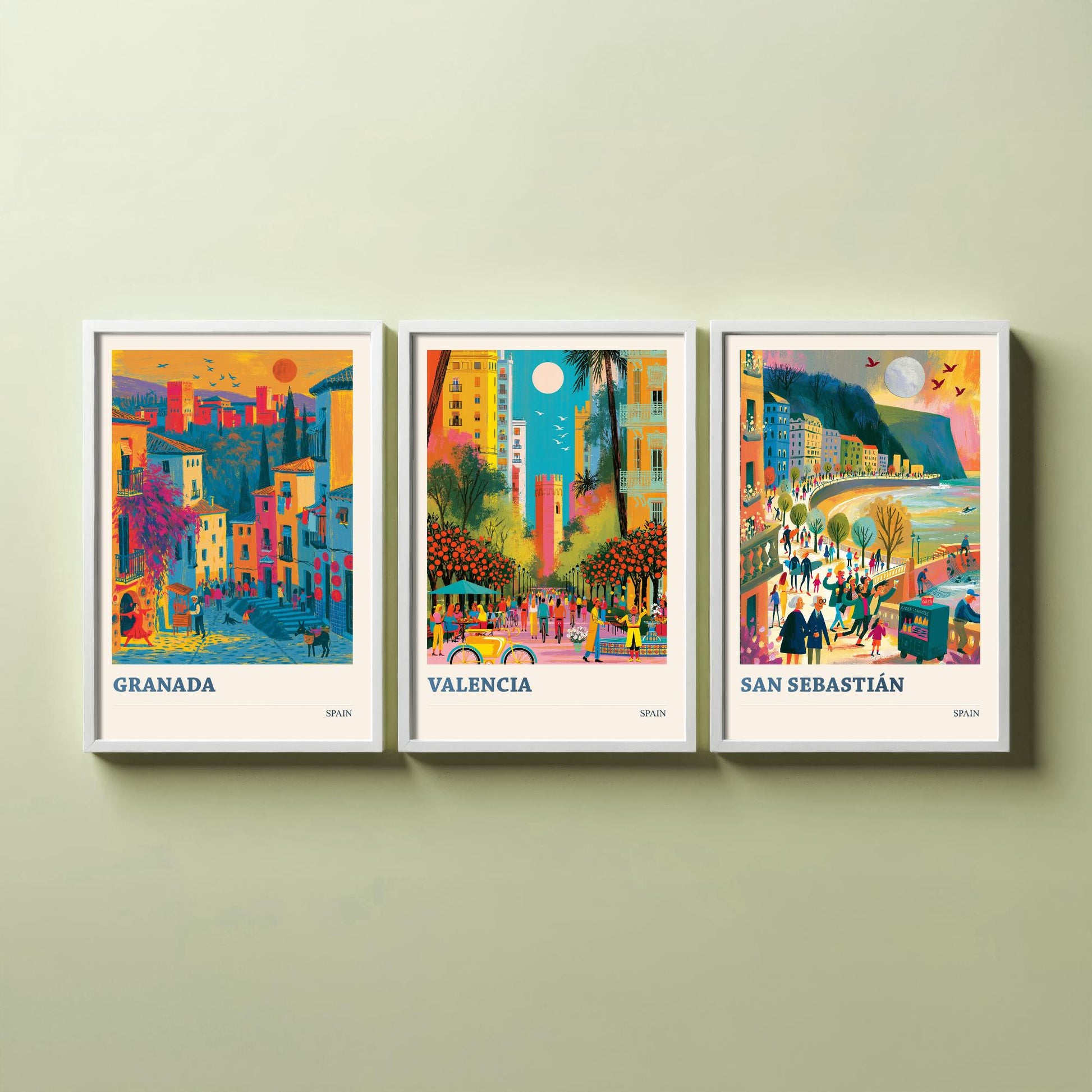 Spain Set of Three Travel Posters - Granada, Valencia, San Sebastian - Vibrant Art Print Illustration Gift Spanish Decor V1
