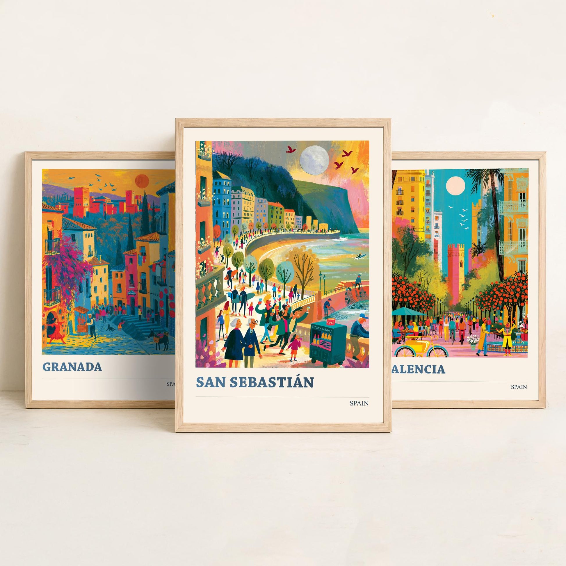 Spain Set of Three Travel Posters - Granada, Valencia, San Sebastian - Vibrant Art Print Illustration Gift Spanish Decor V1