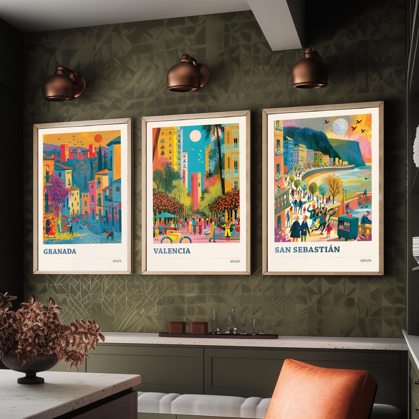 Spain Set of Three Travel Posters - Granada, Valencia, San Sebastian - Vibrant Art Print Illustration Gift Spanish Decor V1