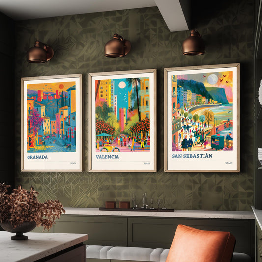 Spain Set of Three Travel Posters - Granada, Valencia, San Sebastian - Vibrant Art Print Illustration Gift Spanish Decor V1