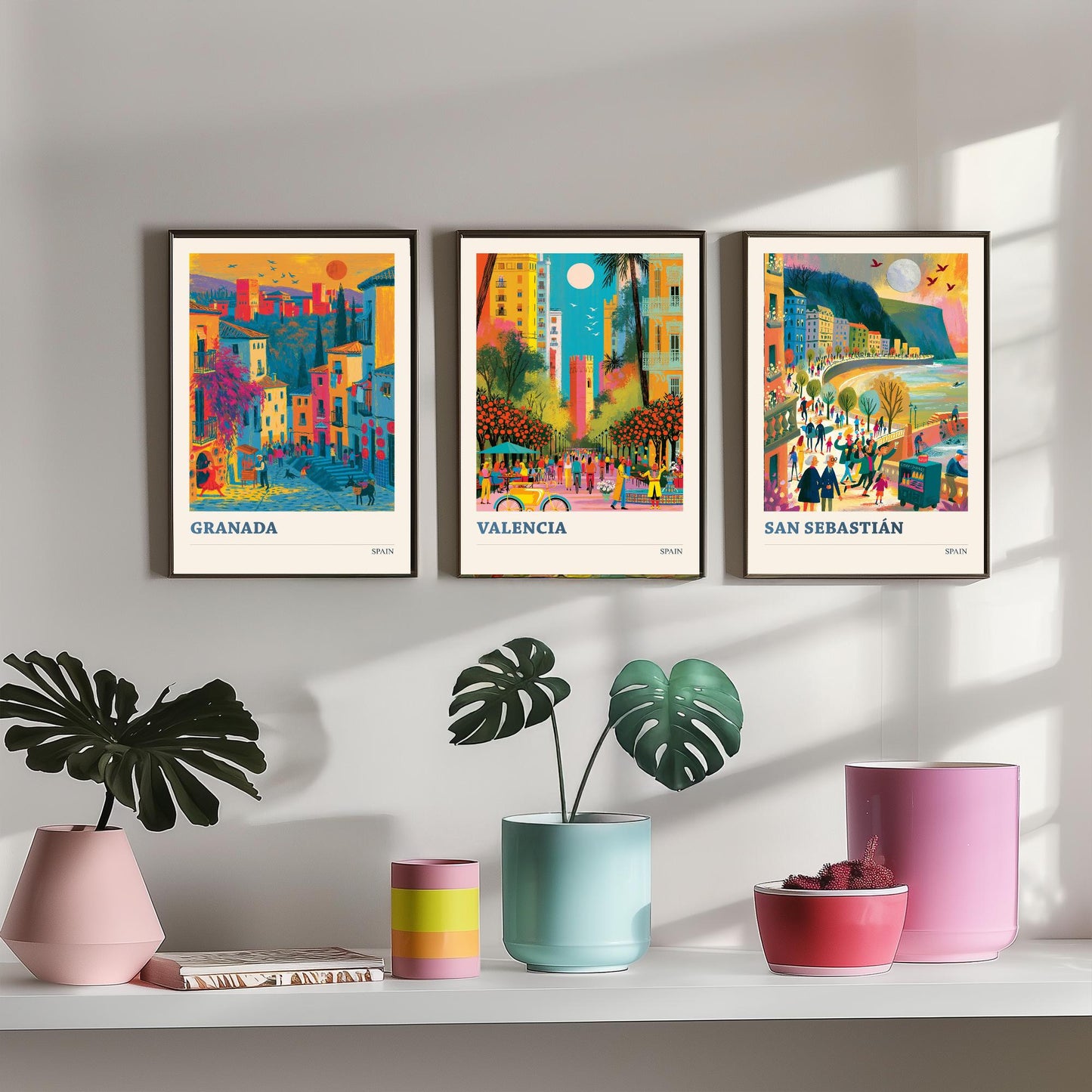 Spain Set of Three Travel Posters - Granada, Valencia, San Sebastian - Vibrant Art Print Illustration Gift Spanish Decor V1
