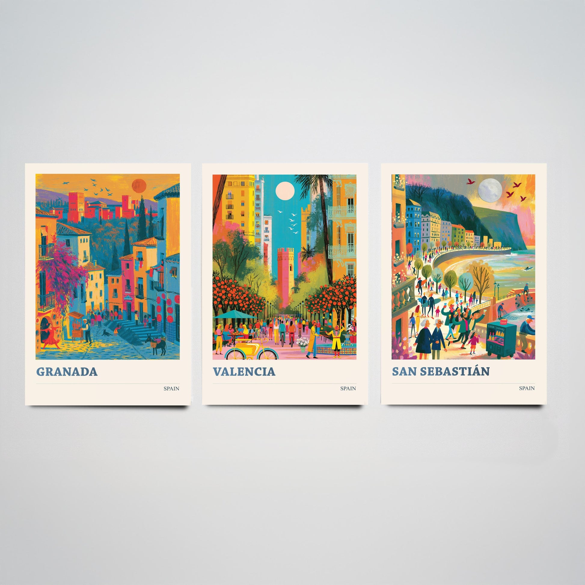Spain Set of Three Travel Posters - Granada, Valencia, San Sebastian - Vibrant Art Print Illustration Gift Spanish Decor V1