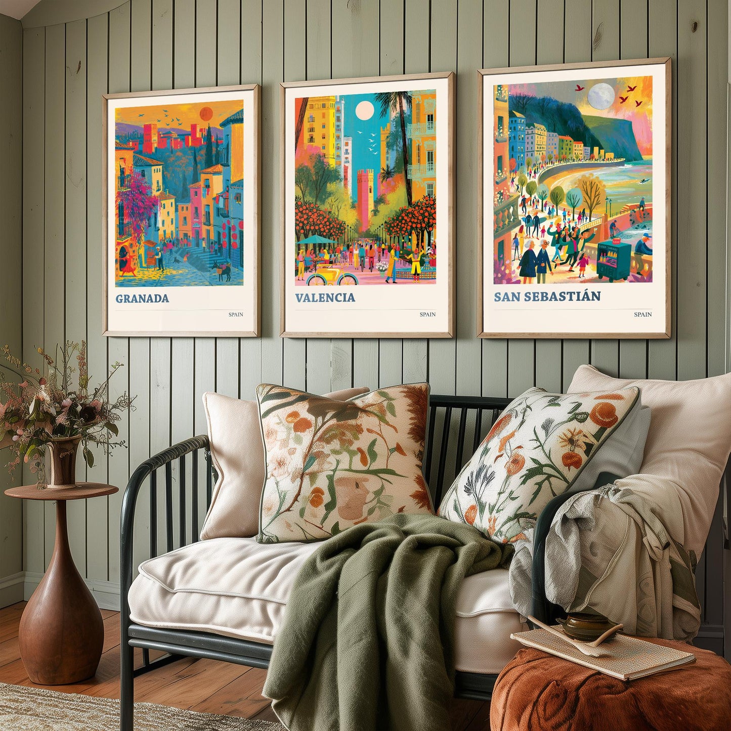 Spain Set of Three Travel Posters - Granada, Valencia, San Sebastian - Vibrant Art Print Illustration Gift Spanish Decor V1