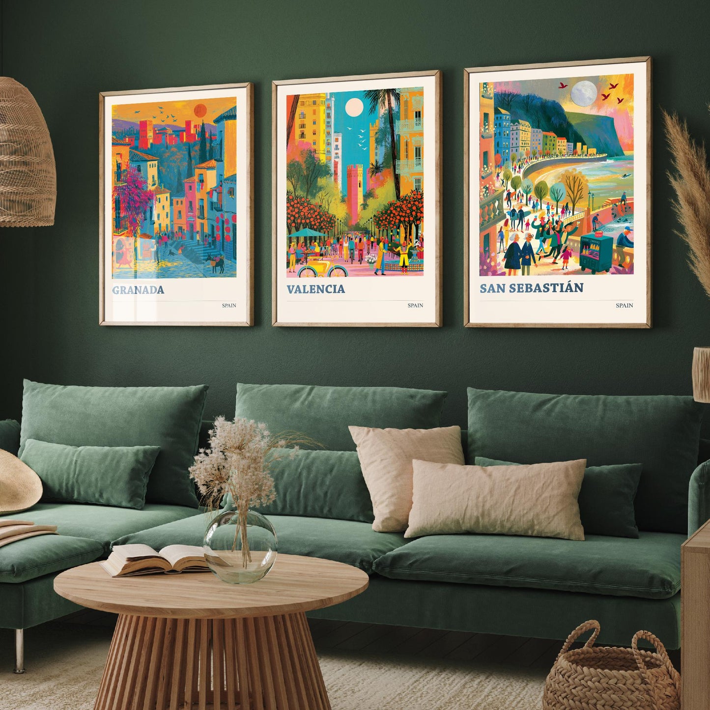 Spain Set of Three Travel Posters - Granada, Valencia, San Sebastian - Vibrant Art Print Illustration Gift Spanish Decor V1