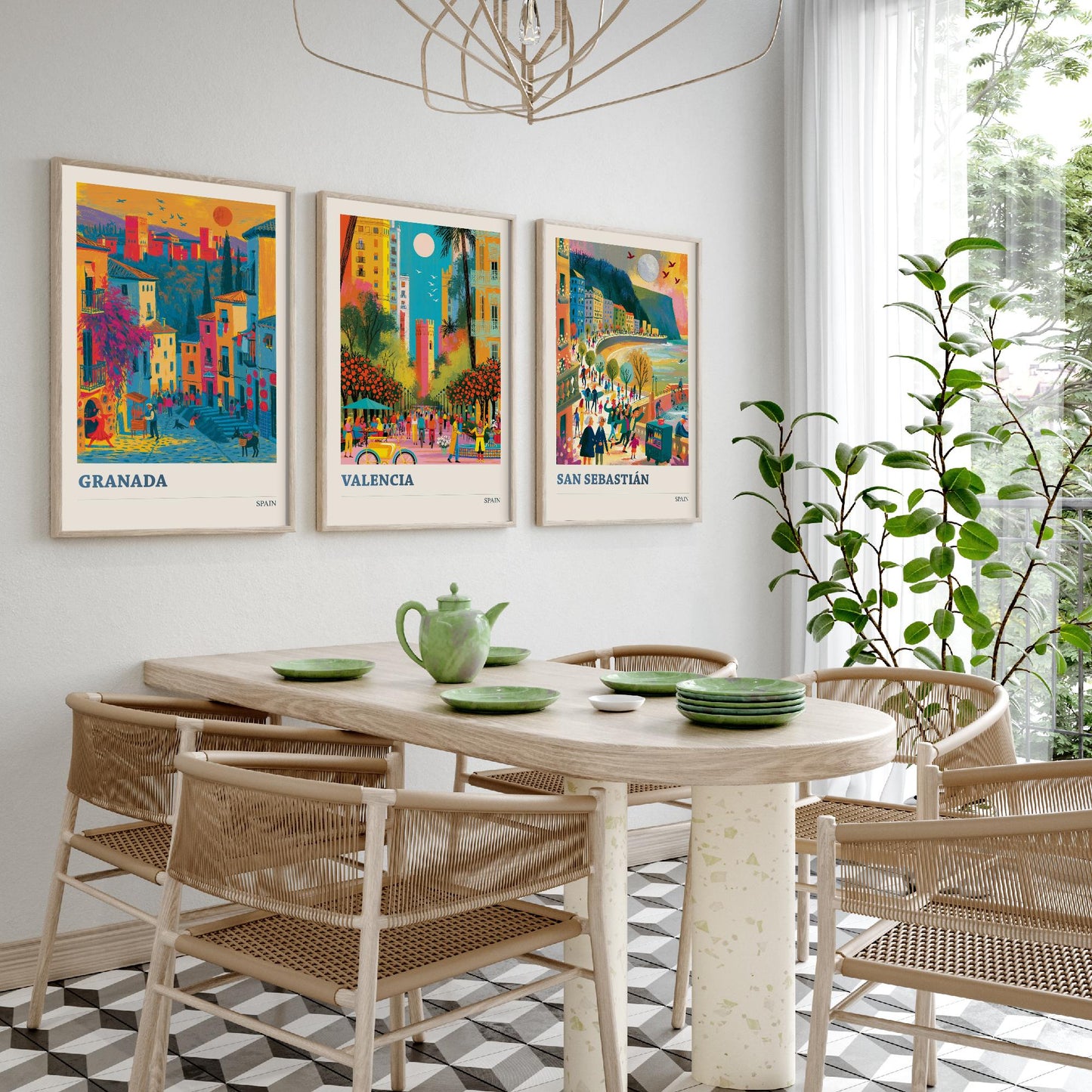 Spain Set of Three Travel Posters - Granada, Valencia, San Sebastian - Vibrant Art Print Illustration Gift Spanish Decor V1