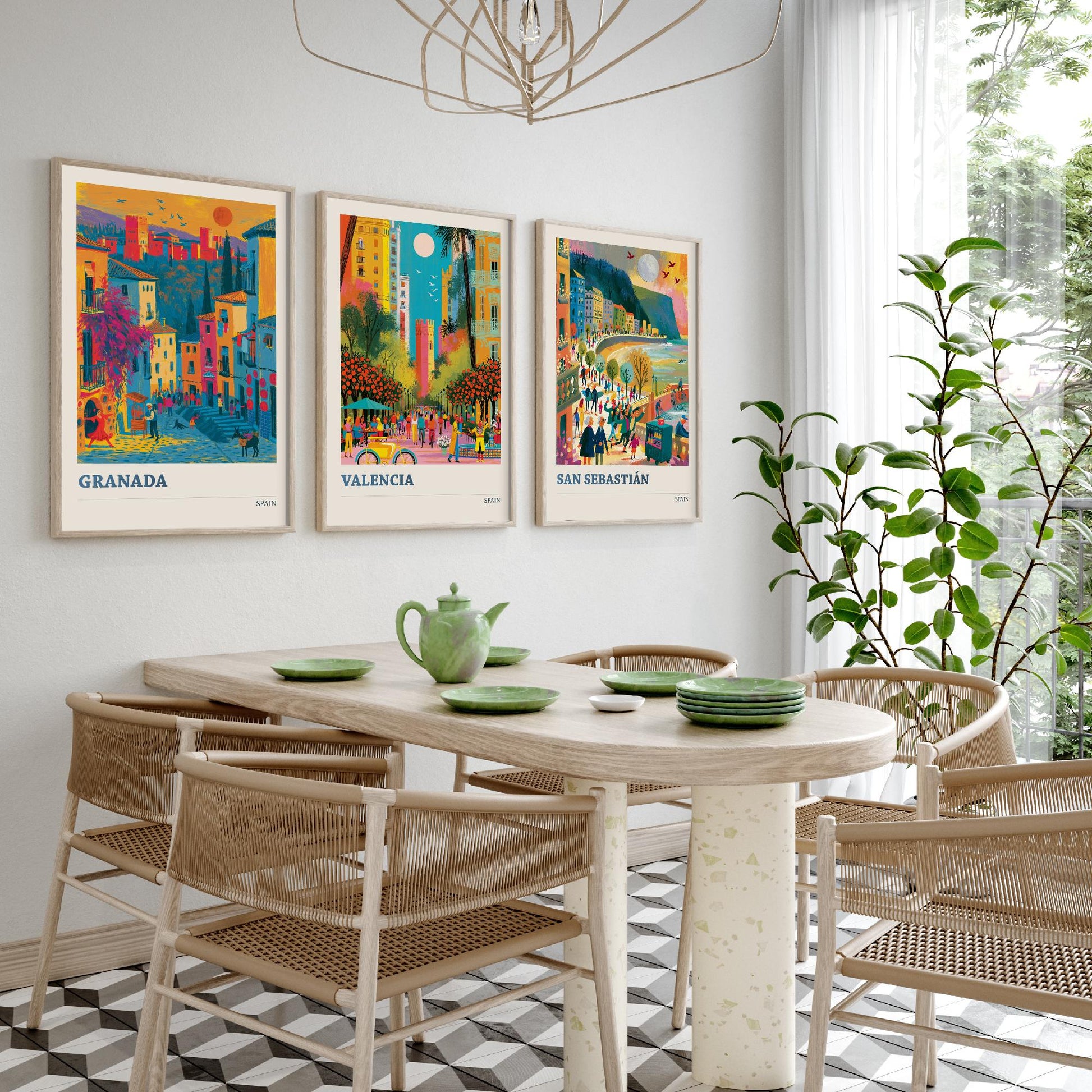 Spain Set of Three Travel Posters - Granada, Valencia, San Sebastian - Vibrant Art Print Illustration Gift Spanish Decor V1
