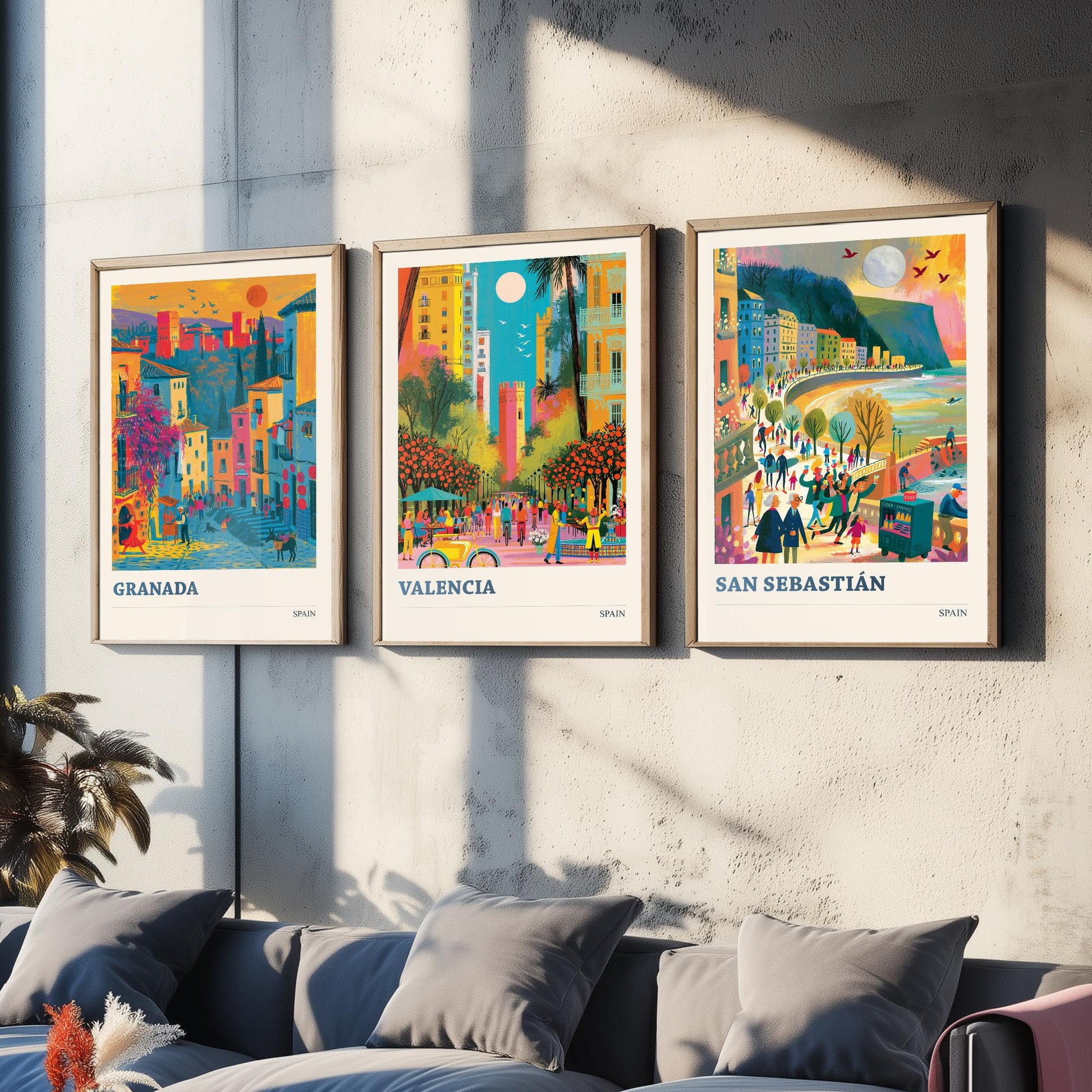 Spain Set of Three Travel Posters - Granada, Valencia, San Sebastian - Vibrant Art Print Illustration Gift Spanish Decor V1