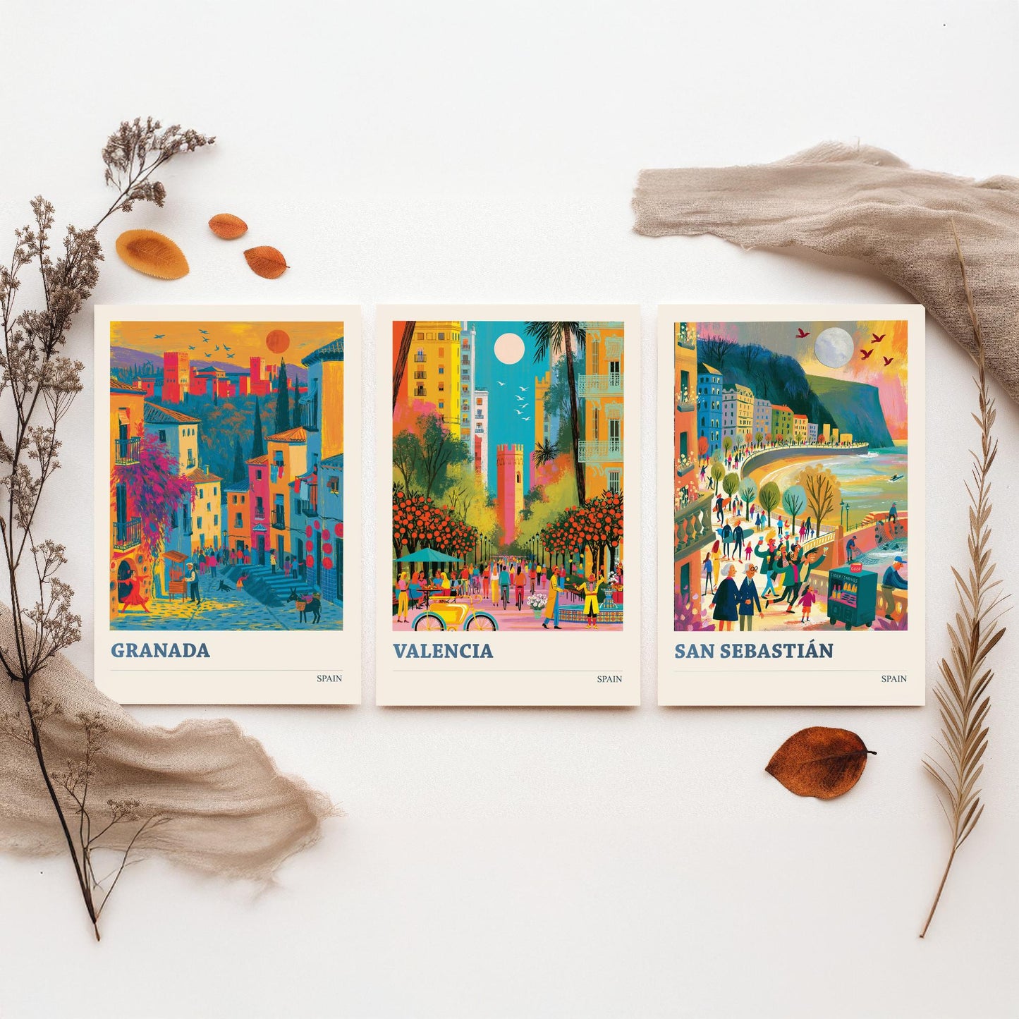 Spain Set of Three Travel Posters - Granada, Valencia, San Sebastian - Vibrant Art Print Illustration Gift Spanish Decor V1