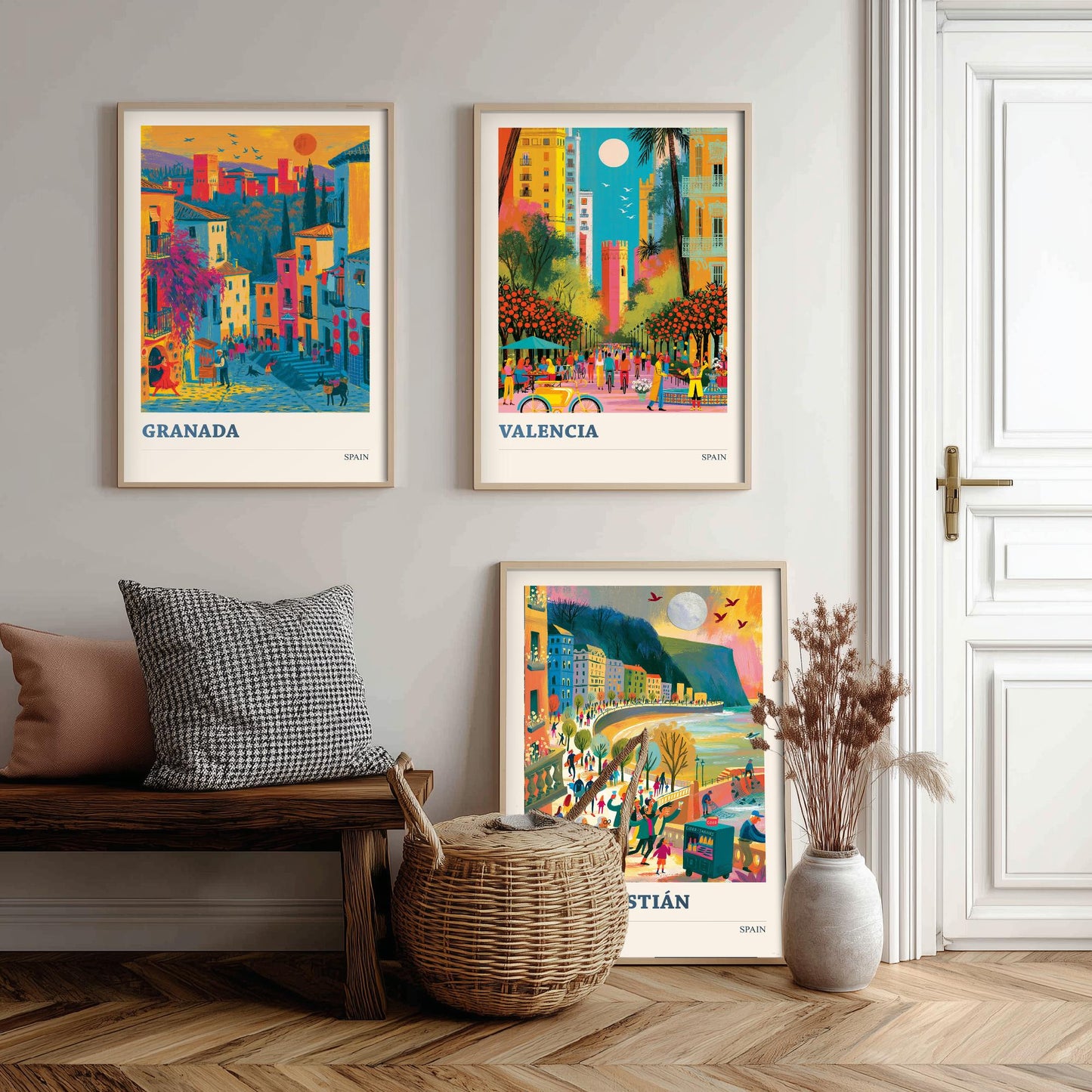 Spain Set of Three Travel Posters - Granada, Valencia, San Sebastian - Vibrant Art Print Illustration Gift Spanish Decor V1
