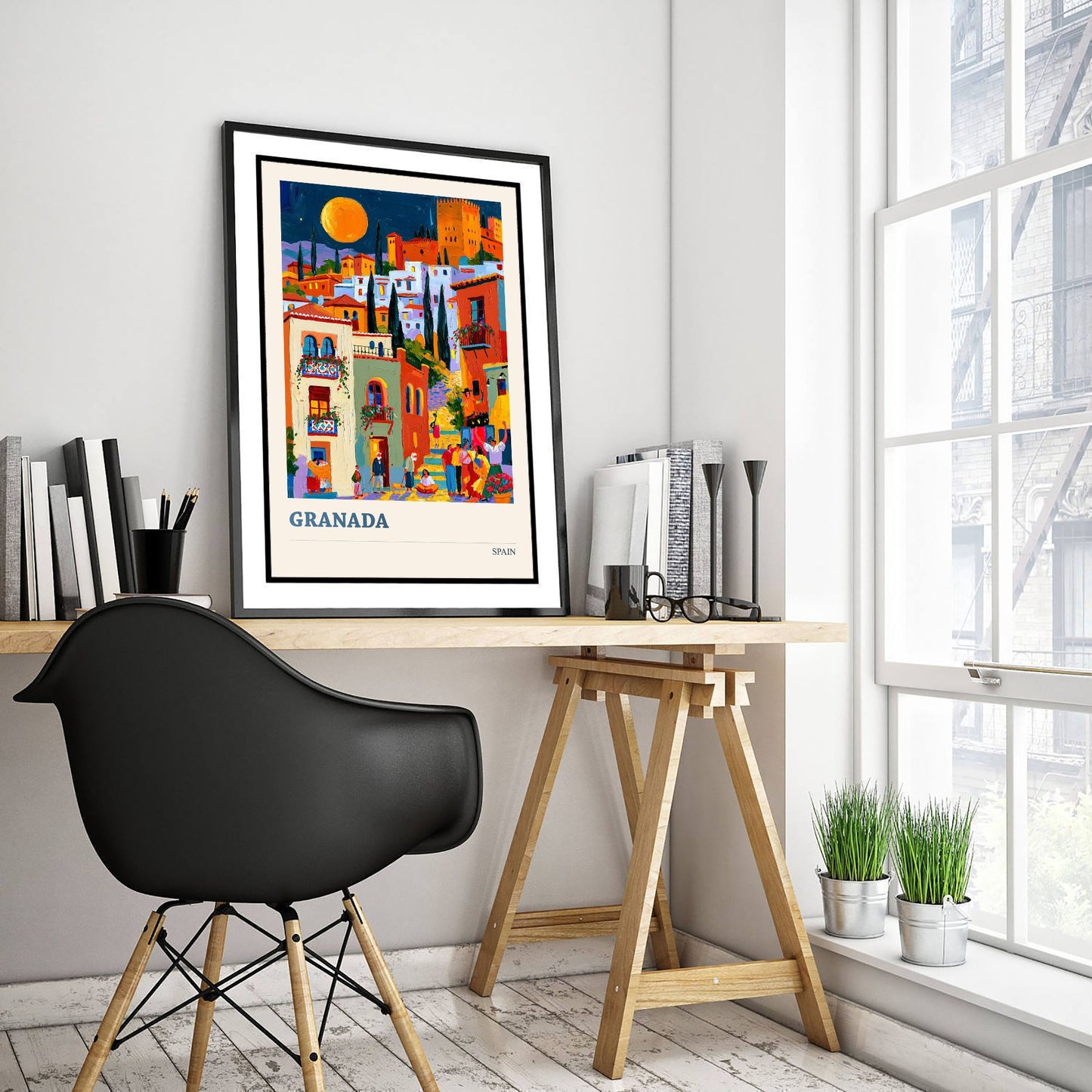 Granada Spain Travel Poster - Art Print - Colourful City Illustration - Moonlit Alhambra Wall Art V2 1/3